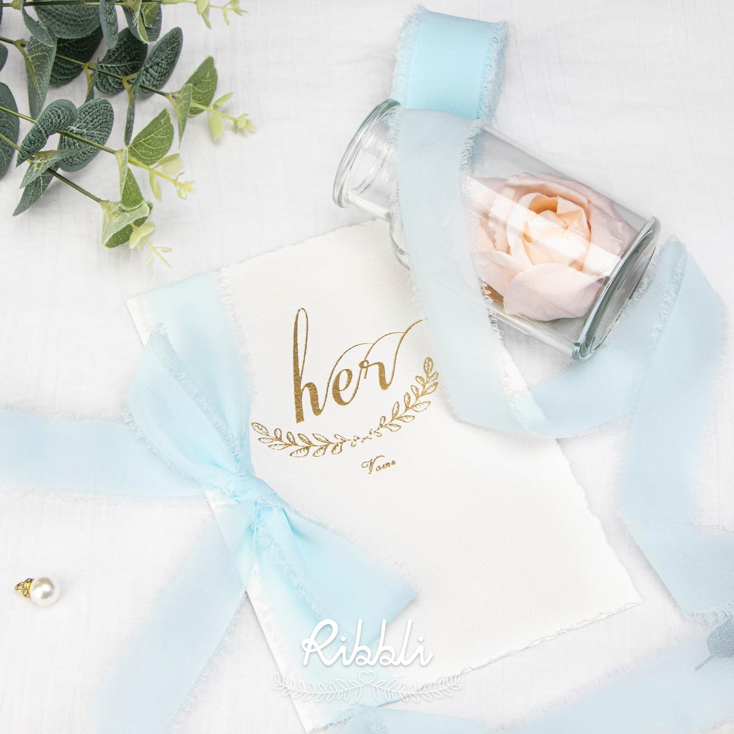 Ribbli Ice Blue Chiffon Silk Ribbon, 1-1/2 inch x 20 Yard, Handmade Fringe, Wedding Invitations, Bridal Bouquets, Home Decor