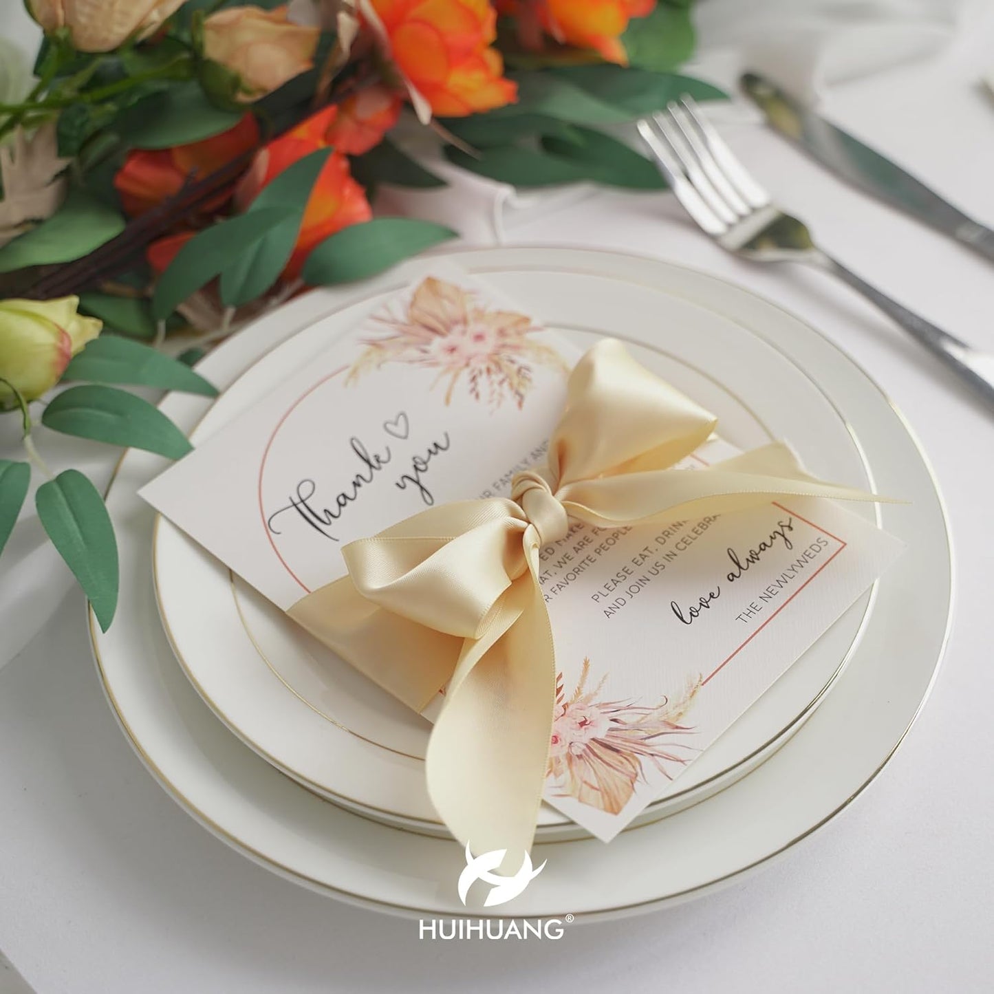 HUIHUANG Champagne Gold Ribbon 2 inch Double-Faced Champagne Satin Ribbon for Wedding Flower Bouquet, Dress Chair Sashes, Invitations Card, Gift Wrapping, Bows, Crafts, Holiday Decor -25 Yards/Roll