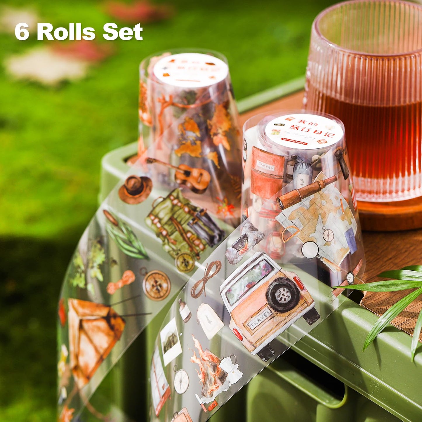 6 Rolls Travel PET Tape Set with Clip, Camping and Adventure-Themed Sticker Tape for Journaling, Scrapbooking, and DIY Crafts