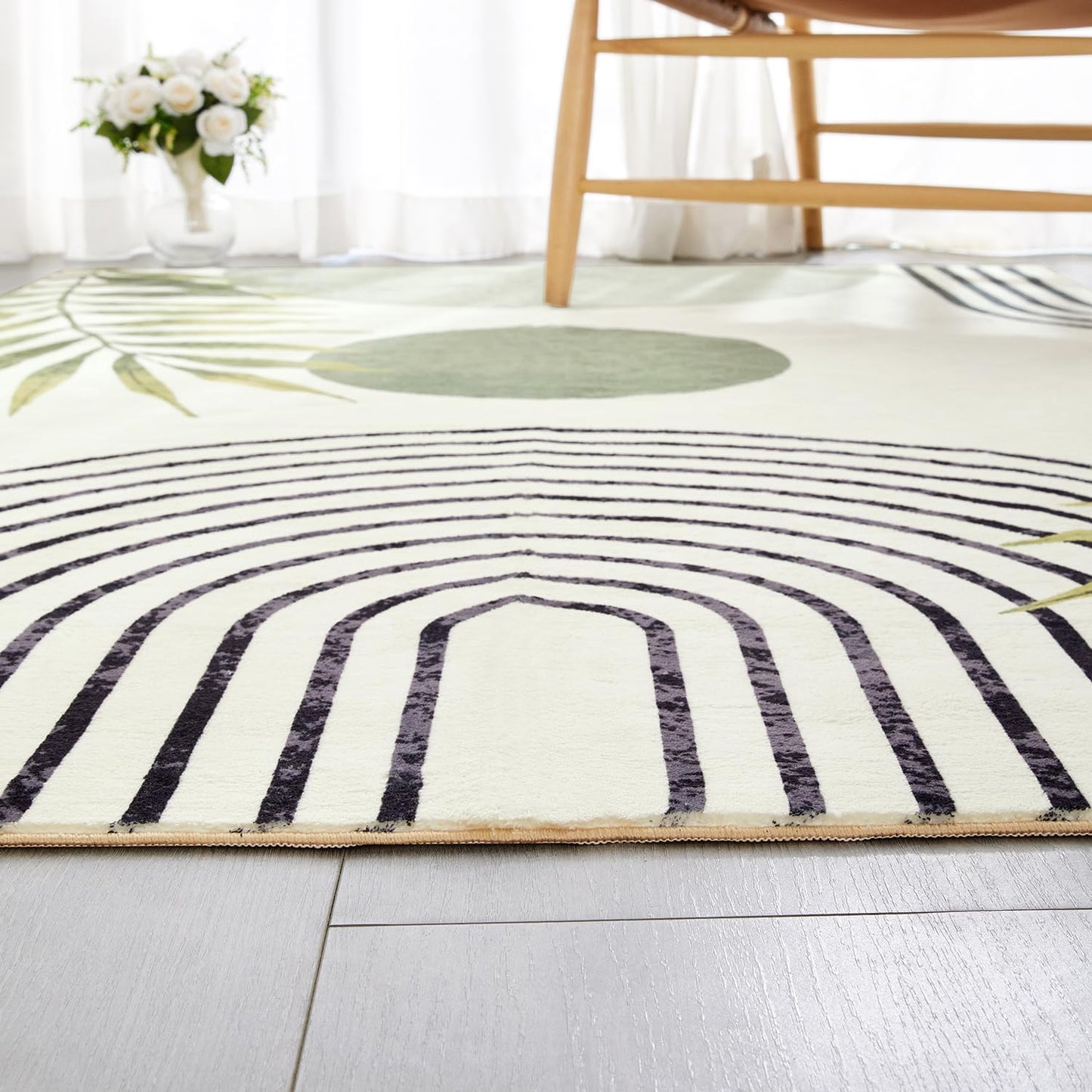 RoomTalks Mid Century Modern Washable Rug, Green Boho Cute Aesthetic 4x6 Area Rugs for Bedroom Dining Living Room Kitchen, Abstract Tropical Leaves Non Slip Thin Indoor Entryway Rug Throw Carpet