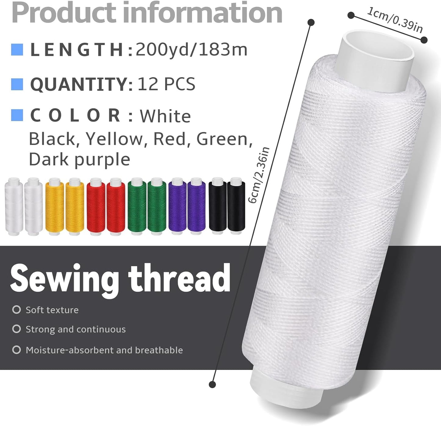 Bupete 12 Rolls Thread for Sewing, 200 Yards Each Roll Sewing Thread, Polyester Threads for Sewing Machine Embroidery Hand Stitching