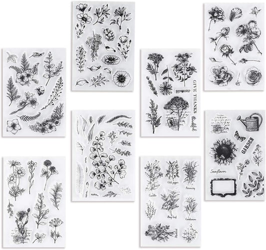 UCEC 8 Sheets Flower Clear Stamps for Card Making, Silicone Stamps for Crafting, Flower Stamp Clear Rubber Flowers Vintage Plants and Decoration and DIY Scrapbooking