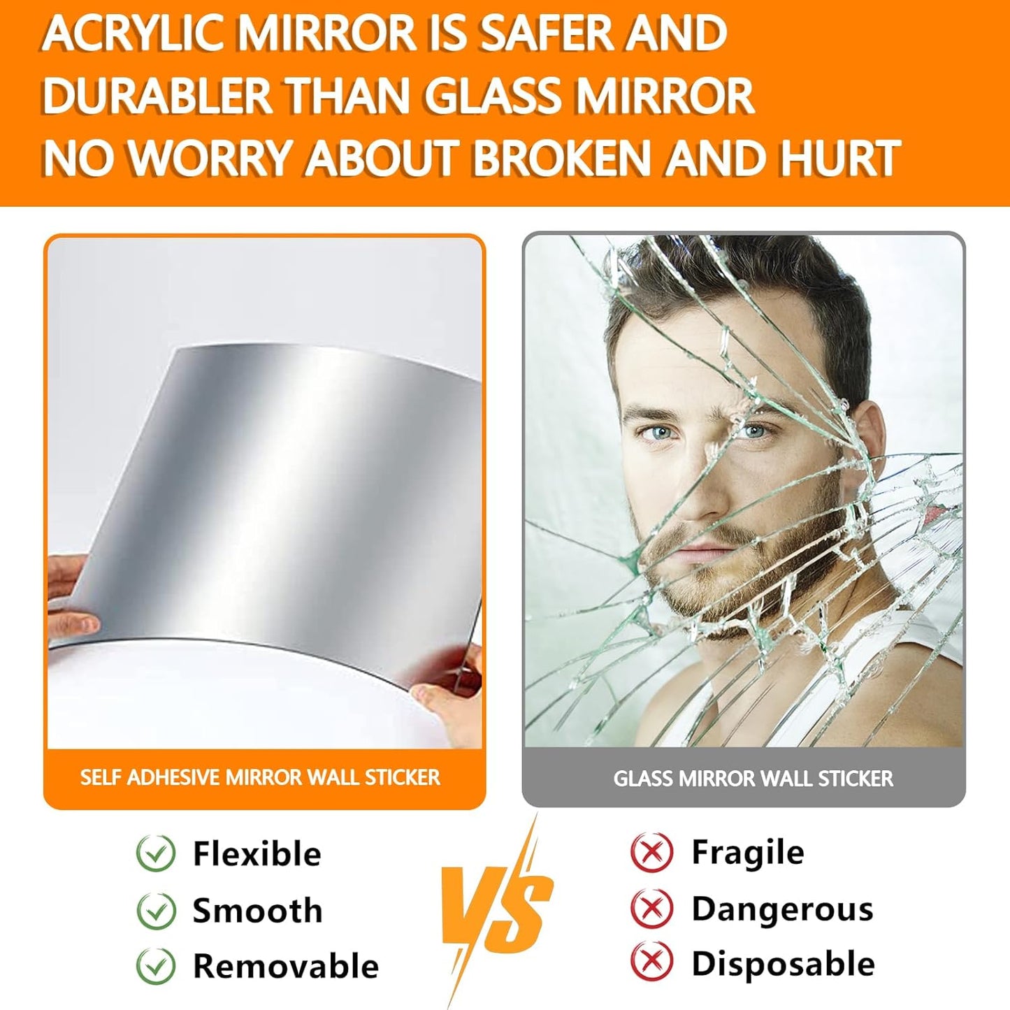 8PCS Self Adhesive Acrylic Mirror Tiles, Flexible Mirror Sheets Wall Stickers, Frameless Non-Glass Mirror Stickers Reflective Mirror for DIY Craft, Home Wall Decor (20 * 20cm,2mm)