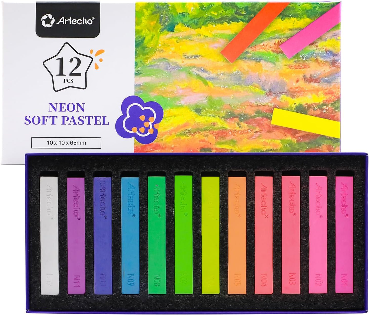 Artecho 12pcs Neon Soft Pastels, Square Chalk for Drawing, Blending, Layering, Shading, Pastels Art Supplies