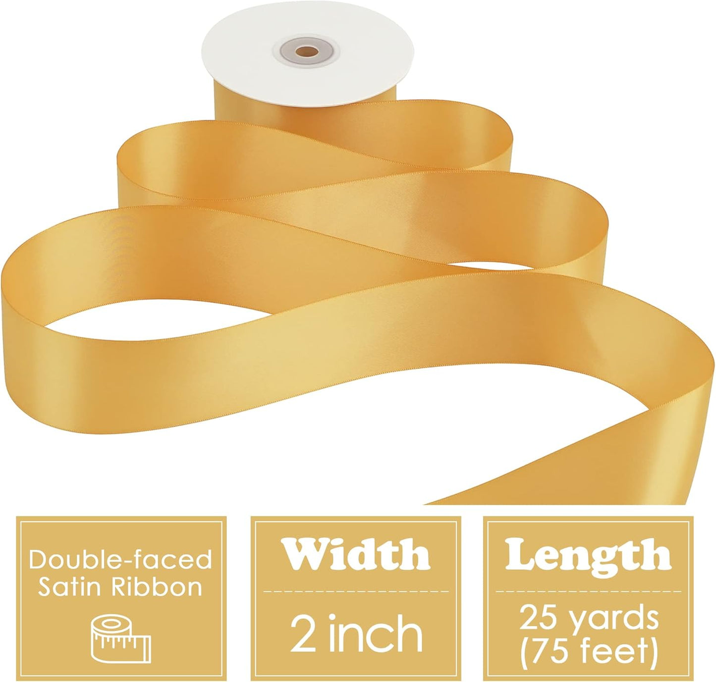 HUIHUANG Old Gold Satin Ribbon - 2 inch Wide Double Face Gold Silk Like for Wedding, Crafts, Gift Wrapping, Christmas Decor, Bows - 25 Yards/Roll
