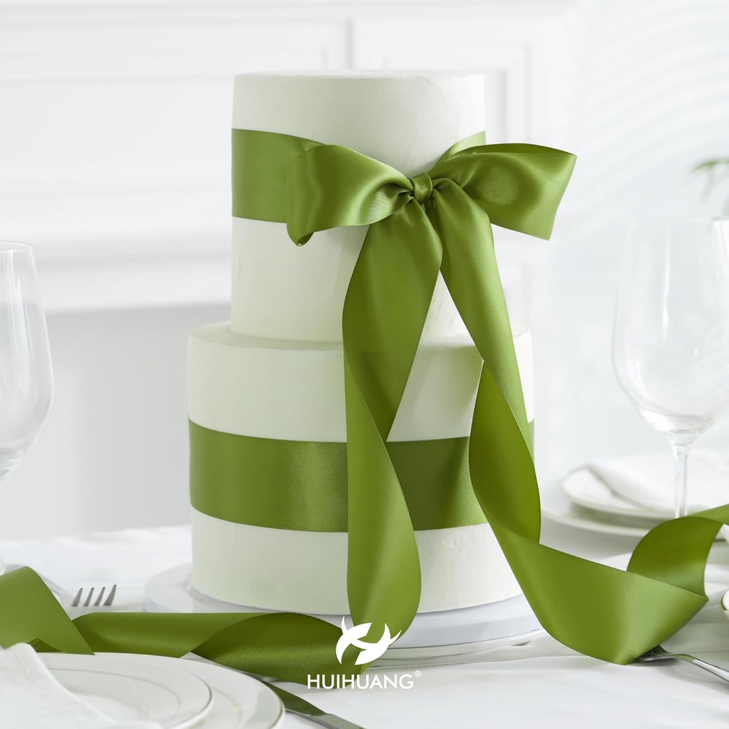 HUIHUANG Olive Green Ribbon 2 inch Wide Double Faced Satin Ribbon Green Ribbon for Gift Wrapping, Bows Making, Flower Bouquet, DIY Crafts, Bridal Shower, Holiday Party Decor -25 Yards/Roll