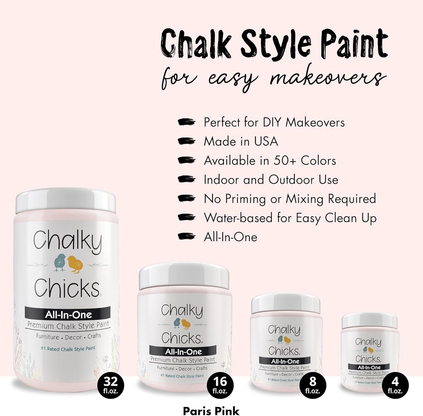 Chalky Chicks All-in-One Chalk Paint for Furniture or Cabinet - 8 Fl Oz - Matte Finish Paris Pink for Metal, Wood Furniture Paint - No Sanding All-in-One for Home Decor & Crafts, USA Made