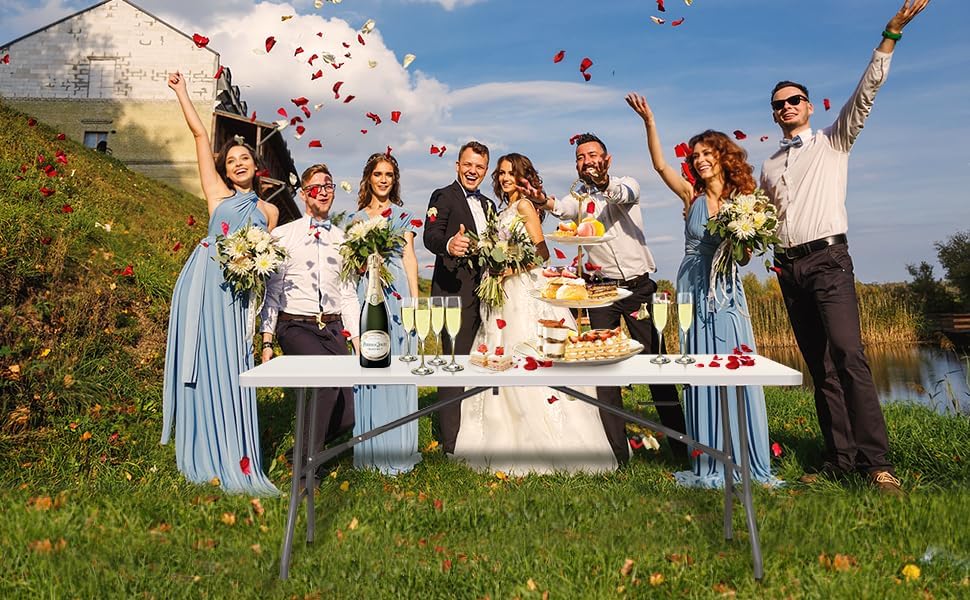 Generic 6 ft Folding Table, Portable Heavy Duty HDPE Fold-in Table, Lightweight Folding Table, Foldable Plastic Card Table for Party, Dining, Barbecue, Board Game with Carrying Handle - White