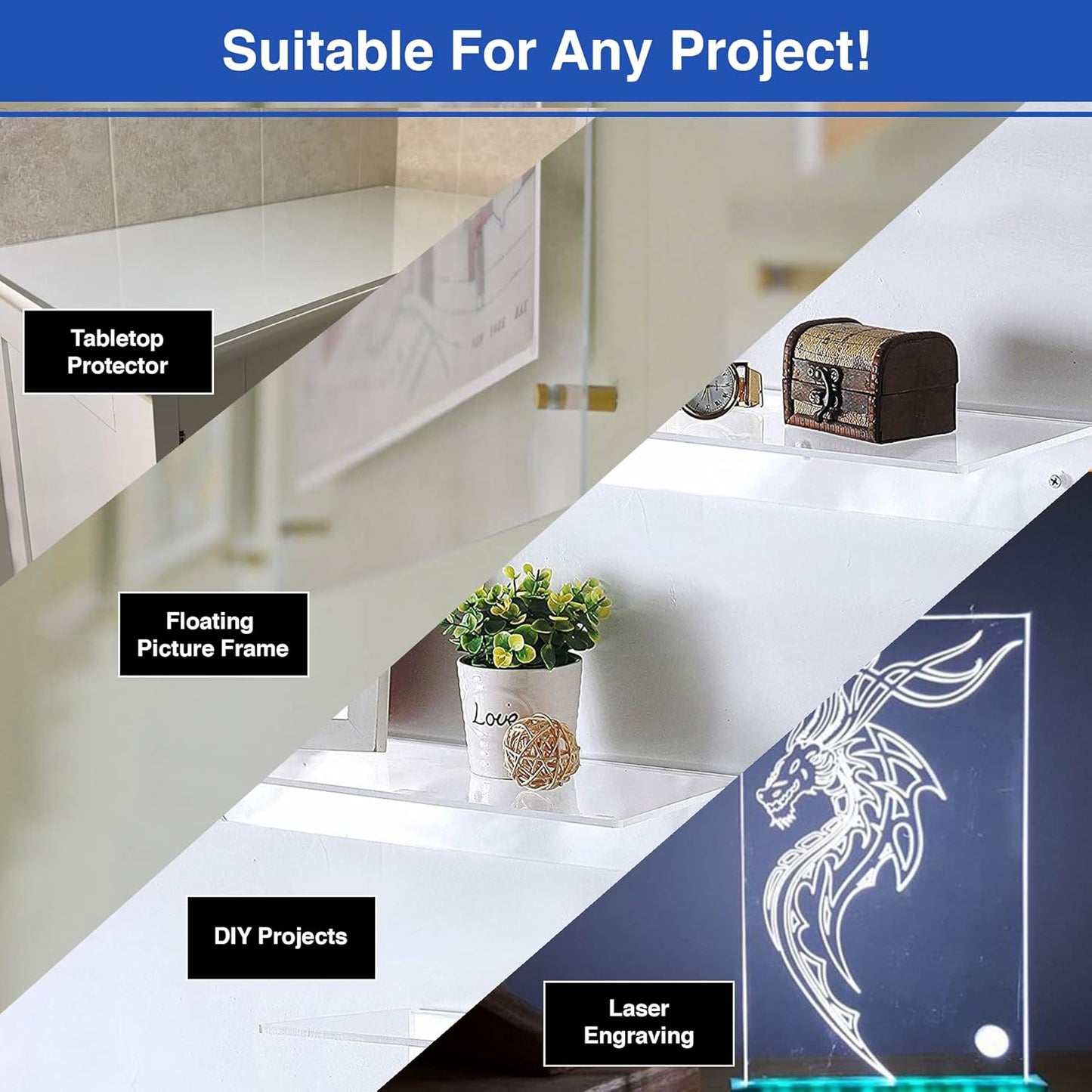 Duco USA-Made Clear Cast Acrylic Sheet 1/8 Inch Thick 6" x 6" - 4 Pack of Transparent Plexiglass Sheet - Lightweight Acrylic Board for Window Replacements, Displays, Signs, and More