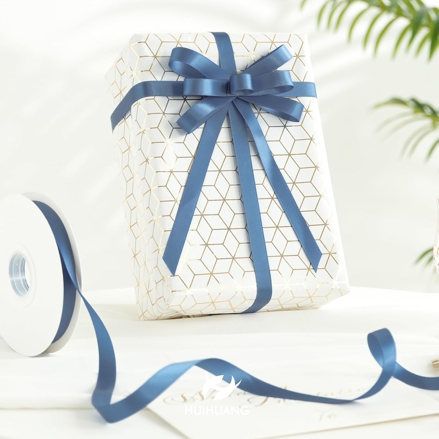 HUIHUANG Satin Ribbon 1/2 inch X 50 Yards Continuous, Smoke Blue Double-Faced Satin Ribbon for Gift Wrapping, Bows, DIY Crafts, Flower Bouquet, Bridal Shower Wedding Decor