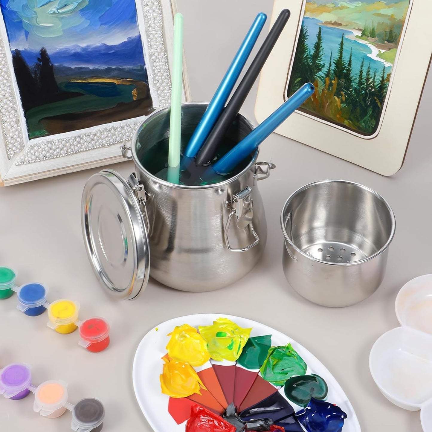 Portable Paint Brush Cleaner Leak-Proof Brush Cup Washer Large Airtight Stainless Steel Brushes Holder with Removable Filter and Lid for Oil Acrylic Watercolor Painting, 25 oz