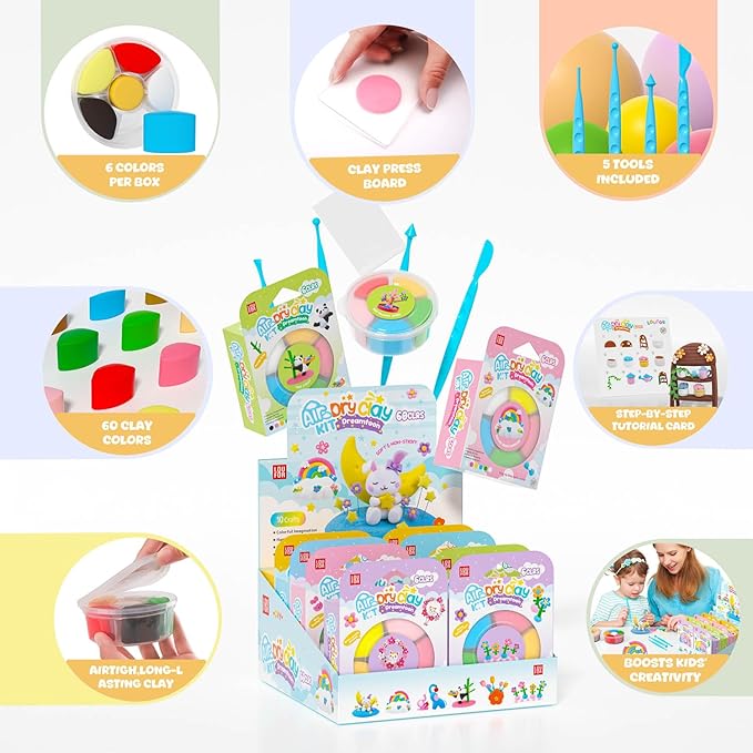 Air Dry Clay for Kids - Modeling Clay Kits, Ultra Light & Soft, Safe & Non-Toxic, 10 Boxes DIY Model Magic Clay 60 Colors with Sculpting Tools und Tutorials, Creative Art Crafts Toys Gifts Boys Girls