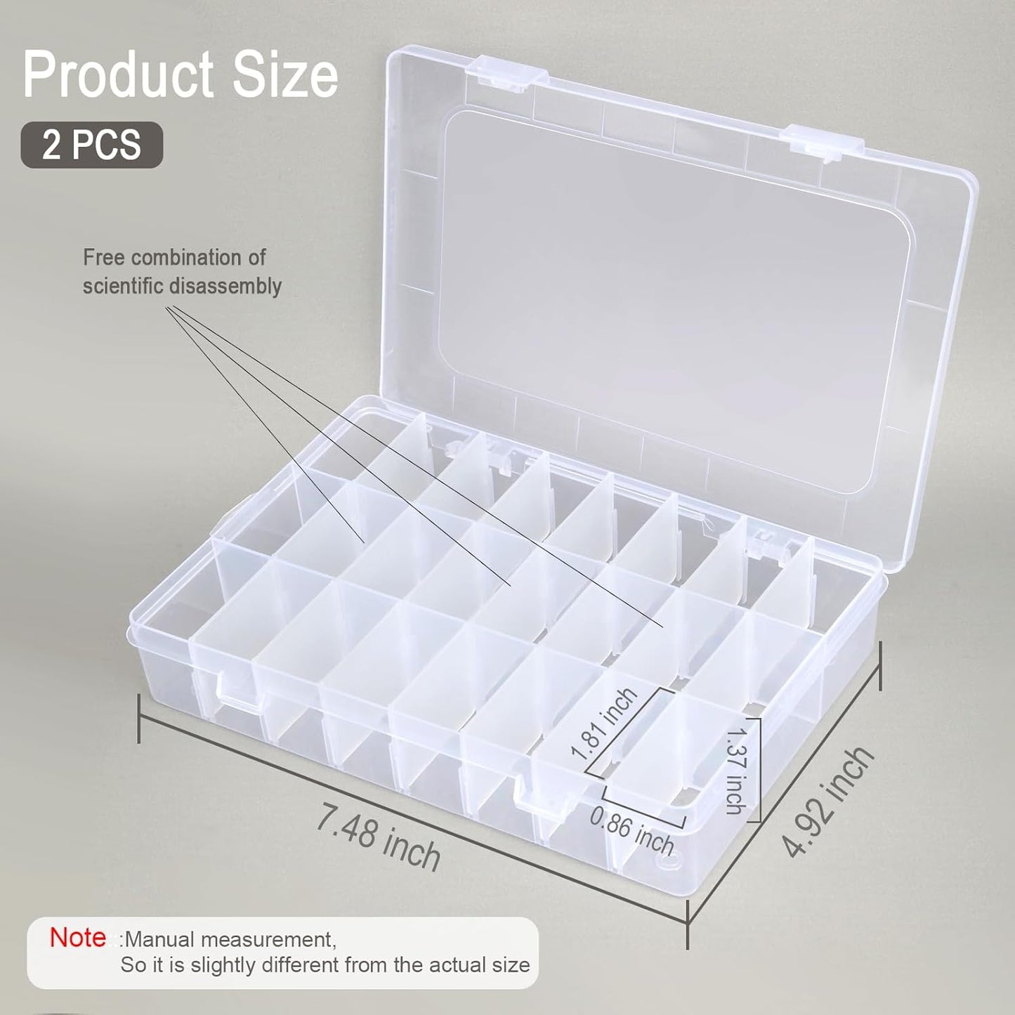 2Pack 24 Grids Craft Organizers and Storage Bead Organizer Tackle Box Organizer with Adjustable Divider, Plastic, Clear