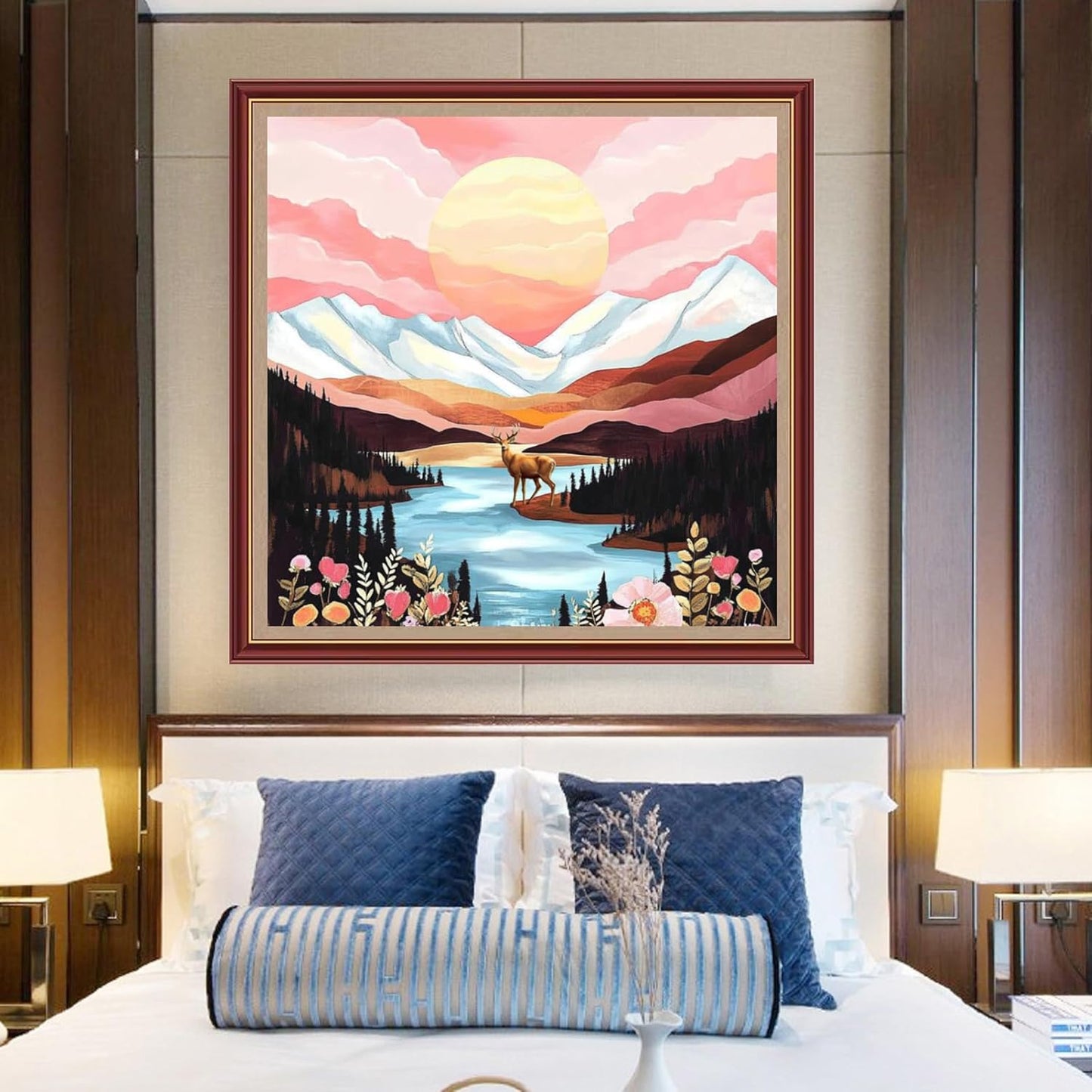 DMCXART Counted Cross Stitch Kits for Adults Needlepoint Kits Unprinted Cross Stitching Embroidery Kit 11CT Cross Stitch Supplies-Mountains, Rivers, Sunrise, Elk 18x18 inch