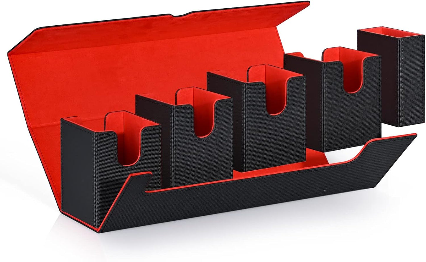 Card Deck Box with Dice Tray for MTG, 5 in 1 Card Deck Case Holds 800+ Unsleeved Cards, Strong Magnet Organizer Compatible with Yugioh TCG Sports Cards (Black Red)