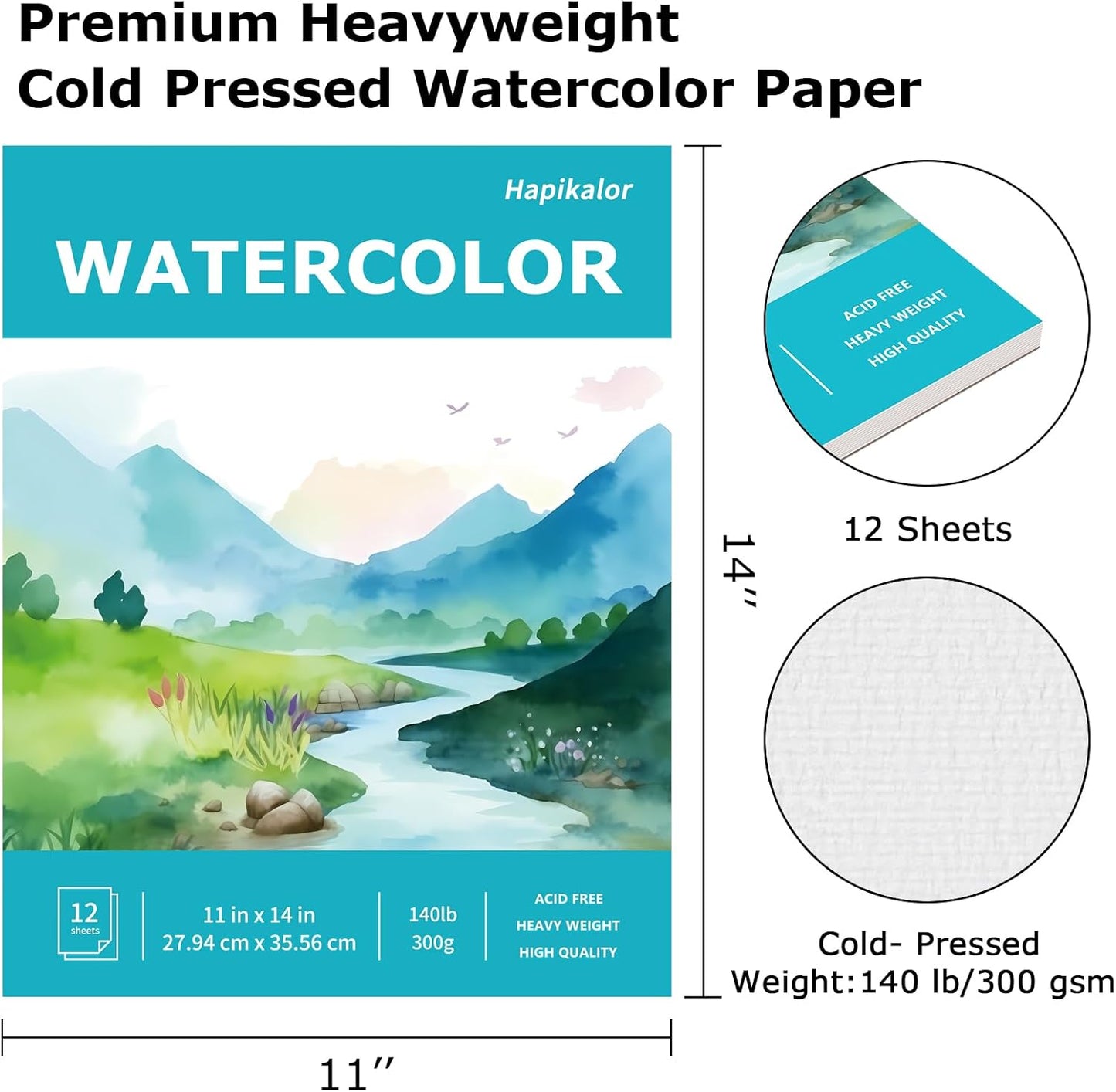 Hapikalor 11"x14" Watercolor Paper Pad, 1-Pack, 140lb/300gsm Artist Painting Drawing Paper Book, Art Supplies for Adults Kids, Watercolors, Watercolor Paint Set, Sketchbook, Journal, Teal