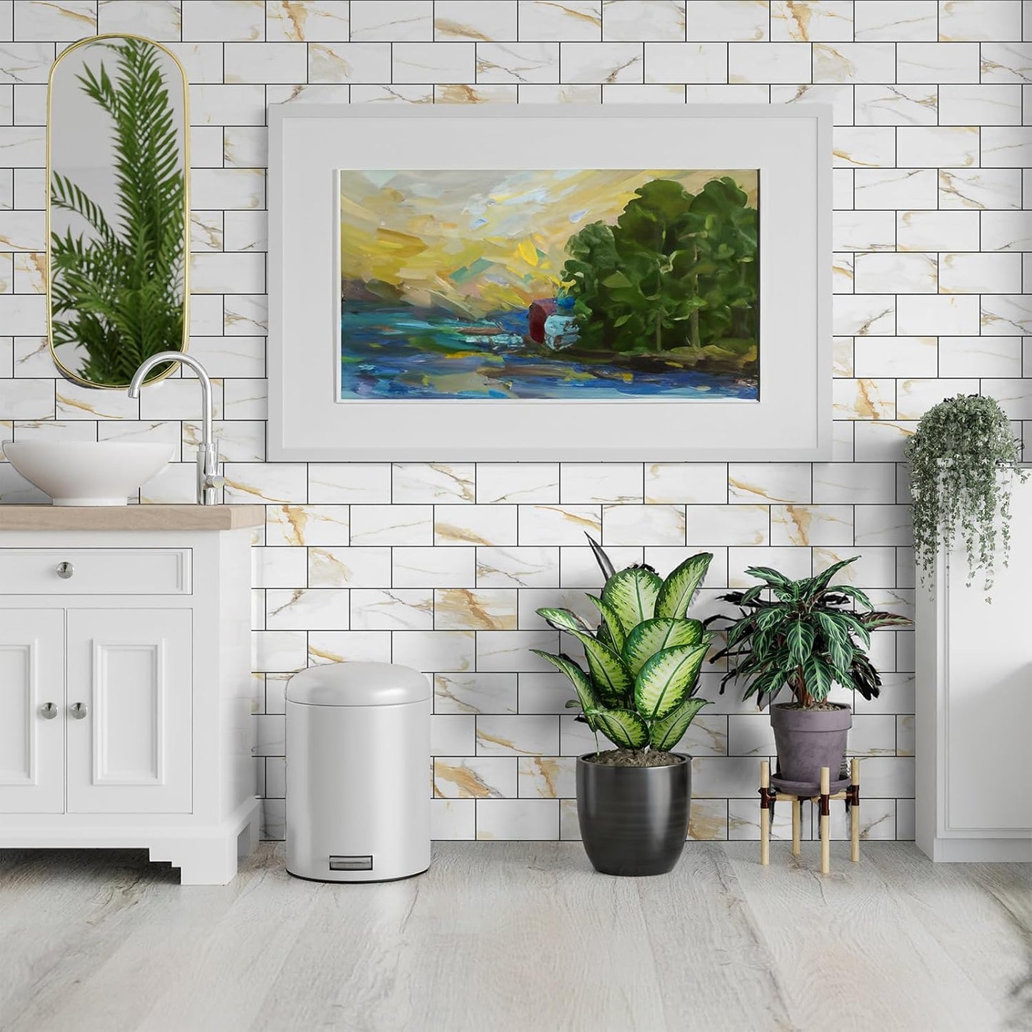 100 Pieces Peel and Stick Backsplash for Kitchen, 3" x 6" PVC Subway Tile Upgraded Calacatta Gold with Dark Gray Grout Backsplash Stick on Tile Elevate Kitchen, Bathroom, Fireplace,RV