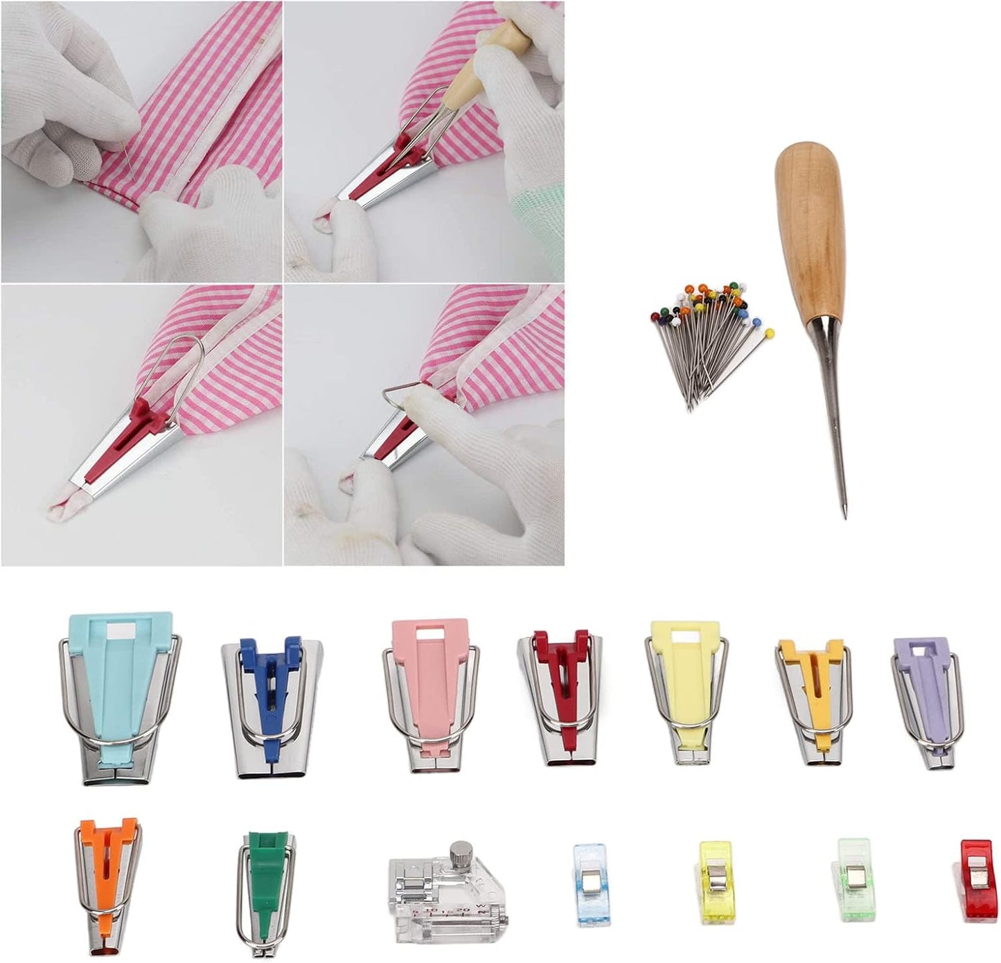 Asixxsix Bias Tape Maker Kit, 9 Sizes Bias Tape Maker with 4Pcs Sewing Clips, Awl, Snap on Binding Foot, Ball Point Pins, Bias Tape Maker Machine for Fabric Sewing and Quilting