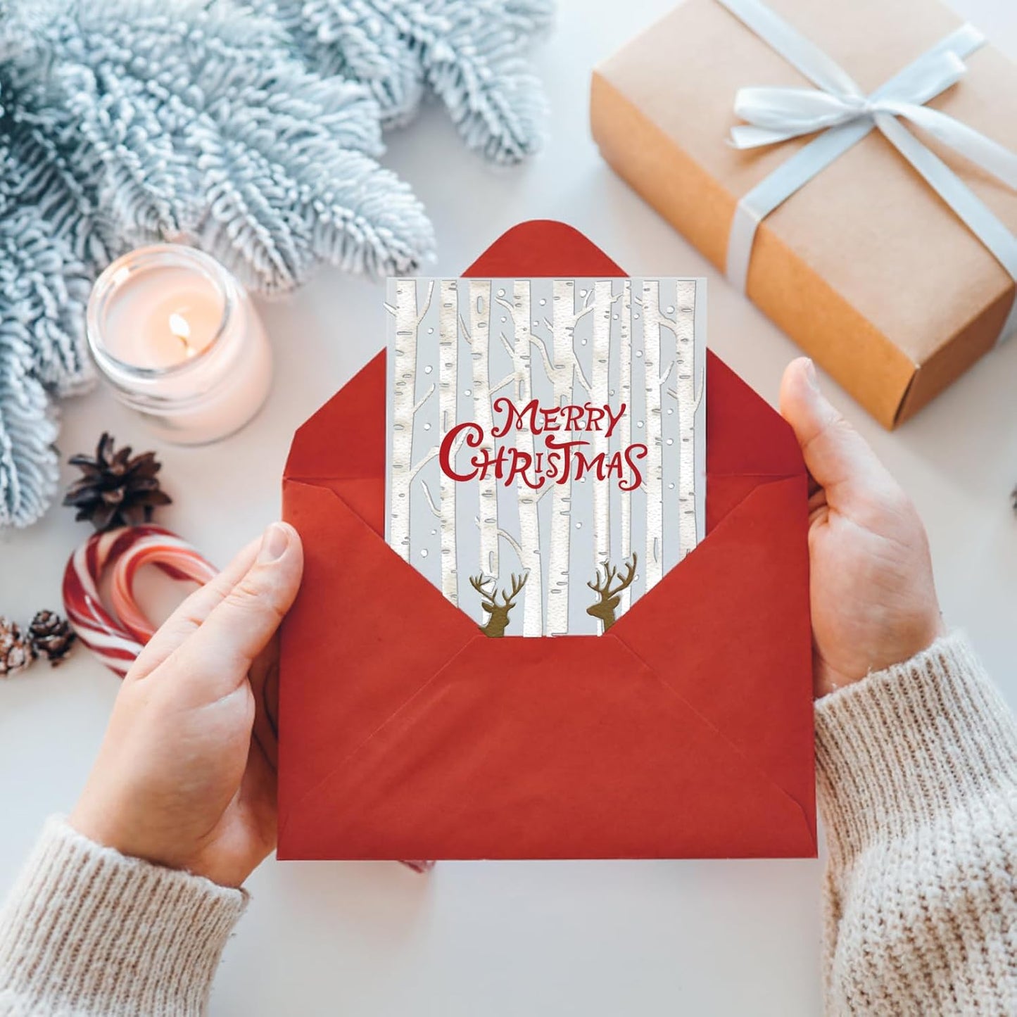 Threetols 3-D Textured Christmas Embossing Folder, Elk Background Embossing Folder for Card Making, Forest Frame DIY Plastic Scrapbooking Photo Album Card Paper DIY Craft Decor Template Mold