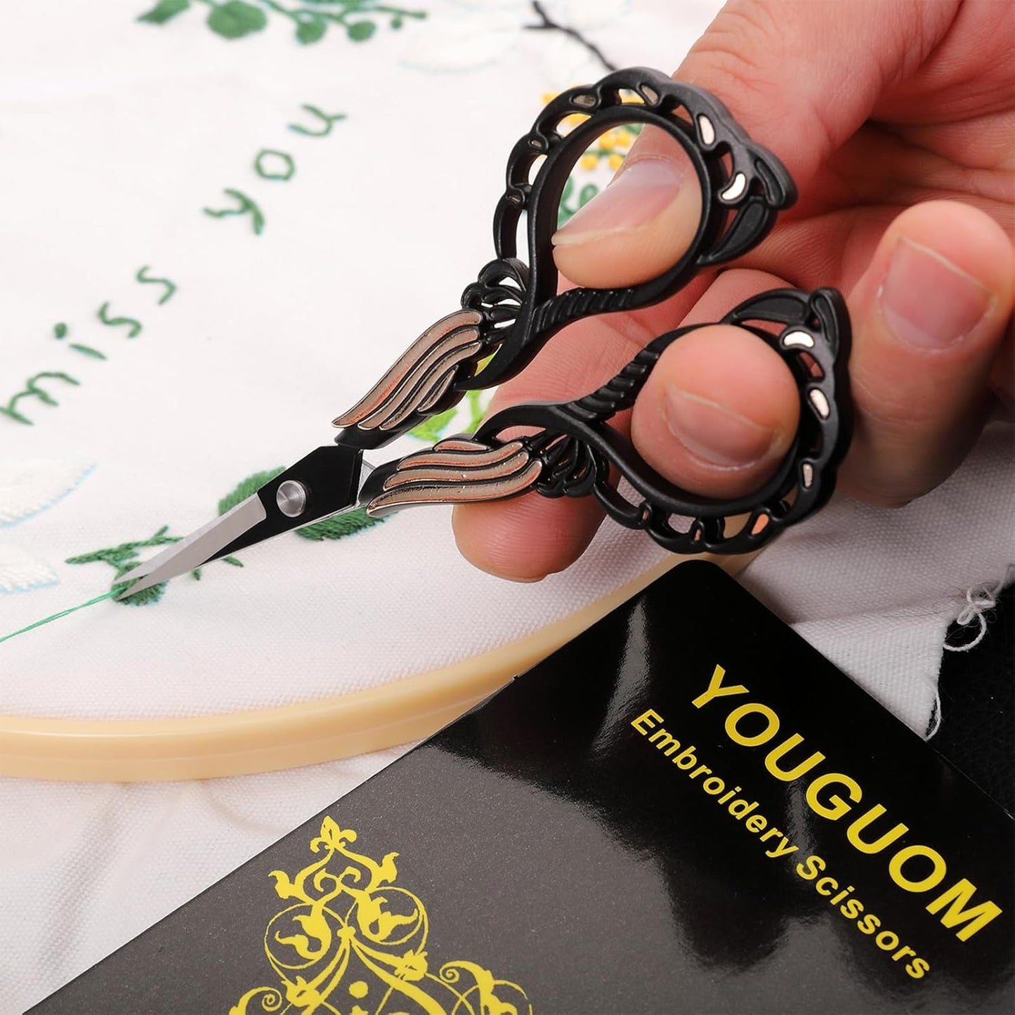 Embroidery Scissor with Case, Yarn Scissors for Sewing Craft Cross Stitch Crochet, Detail Shears Threading Snips Vintage Golden Black