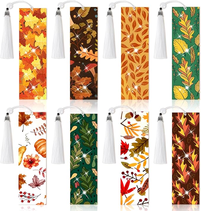 8 Pieces Fall Diamond Art Bookmarks 5d Maple Leaves Bookmark Acrylic Tassel Bookmark for DIY Making Beginners Kids Adults Arts Craft Supplies (Fall)
