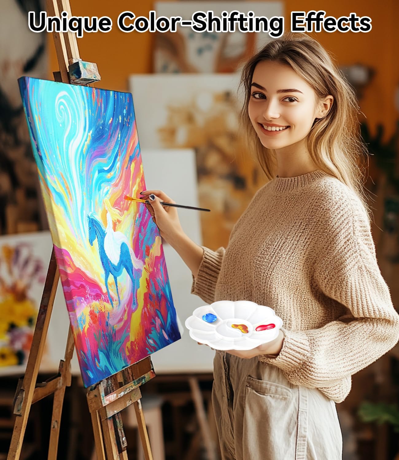 52 PCS Iridescent Acrylic Paint Set with 12 Brushes, 2 Knives & Palette, 36 Colors (2oz/60ml) Art Craft Paint for Adults Kids Artists Beginners, Halloween Pumpkin Canvas Ceramic Rock Painting Kit