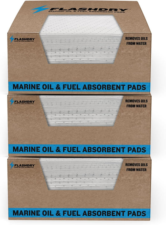 FLASHDRY Marine Oil & Fuel Spill Absorbent Pads - 17.5” x 13.5”, Water Repellent, Effective Spill Control, Marine Protection, High-Performance, Eco-Friendly, Tear Resistant - 300 Pads in Total