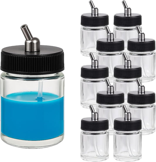 ABEST New 10PCS Airbrush Air Brush Glass Bottle Jar 22CC / Standard Suction Lid Empty 3/4 Ounce (22cc) Glass Jar Bottles with 30° Down Angle Adaptor Lid Assembly