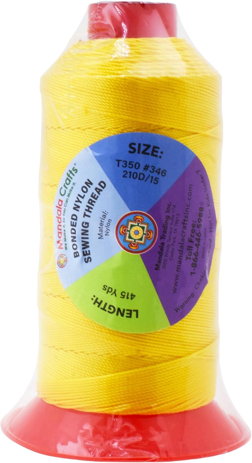 Mandala Crafts Tex 350 Bonded Nylon Thread for Sewing - 415 YDs T350 Heavy Duty Yellow Nylon Thread Upholstery Thread for Leather Jeans Weaving, T350 #346 210D/15