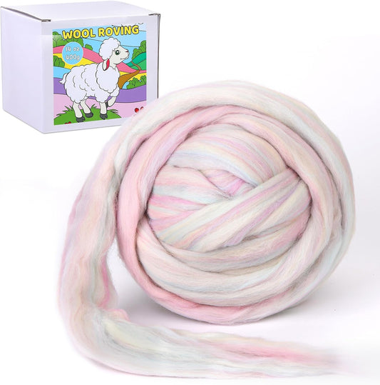 QMNNMA Wool Roving Bulk, 14.1oz Needle Felting Wool, Fiber Roving Wool Top for Hand Spinning, Felting, Blending, Weaving and DIY Craft (400g)