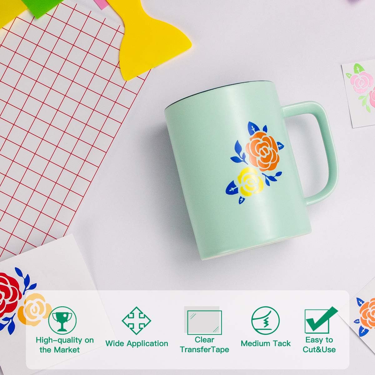 HTVRONT Transfer Tape for Vinyl- 5.5" x 50 FT w/Red Alignment Grid for Adhesive Vinyl, Silhouette Cameo Transfer Paper for Vinyl for Decals,Signs, Windows, Stickers