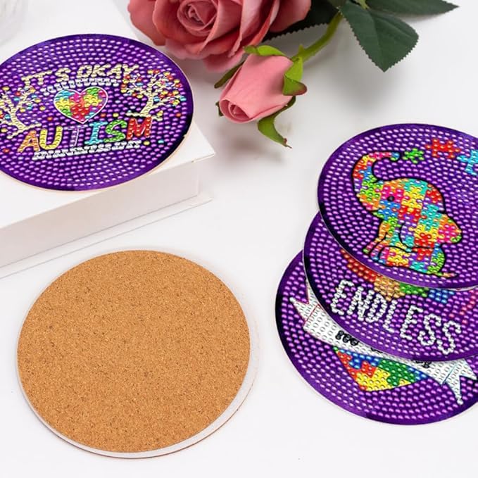 8 Pcs Diamond Art Painting Coasters with Holder, DIY Autism Awareness Diamond Art Coasters for Drinks Diamond Art Painting Kits for Beginners, Diamond Kits Craft Supplies for Adults Kids