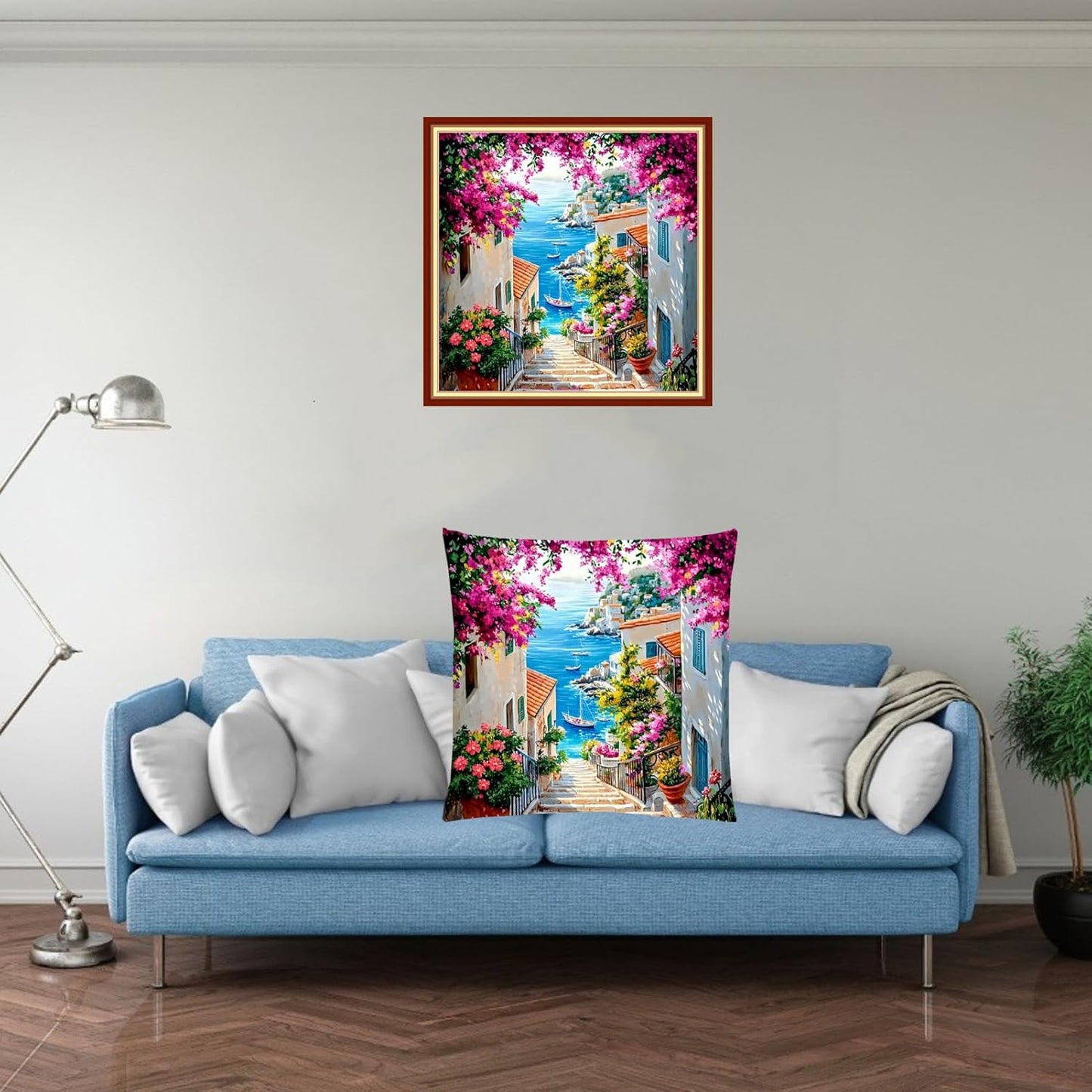 Fanxvivy Stamped Cross Stitch Kits for Adults Beginners Pillow Needlepoint Kit with Embroidery Pattern Needlework Kit Prestamped Stitches Kit 11CT Cross Stitching-Seaside Flower Street 18x18 inch