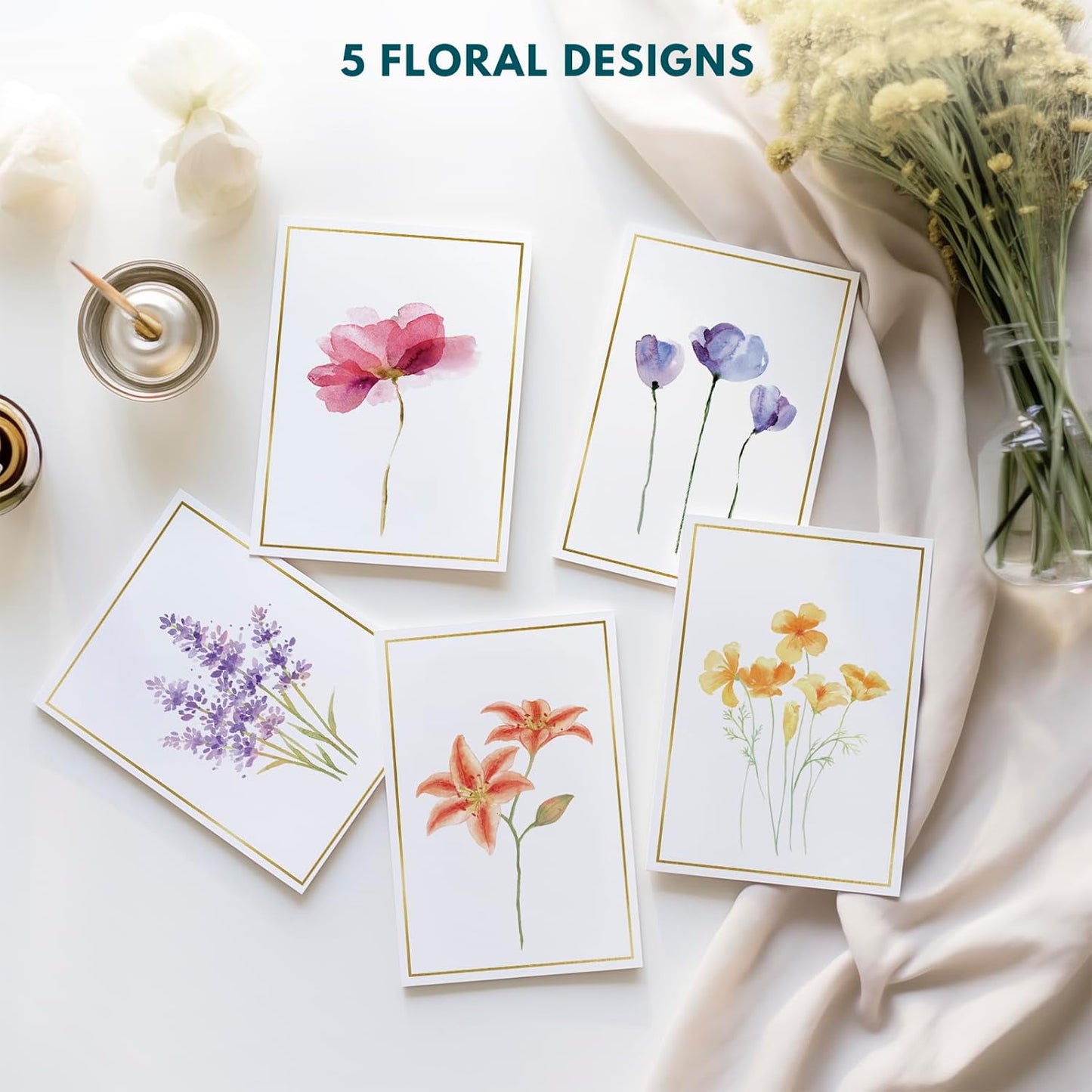 Blank Cards, 30 Pack Blank Greet Cards, Elegant Gold Foil Blank Note with Envelopes, Perfect Stationary Set For All Occasions, 5 Assorted Floral Designs