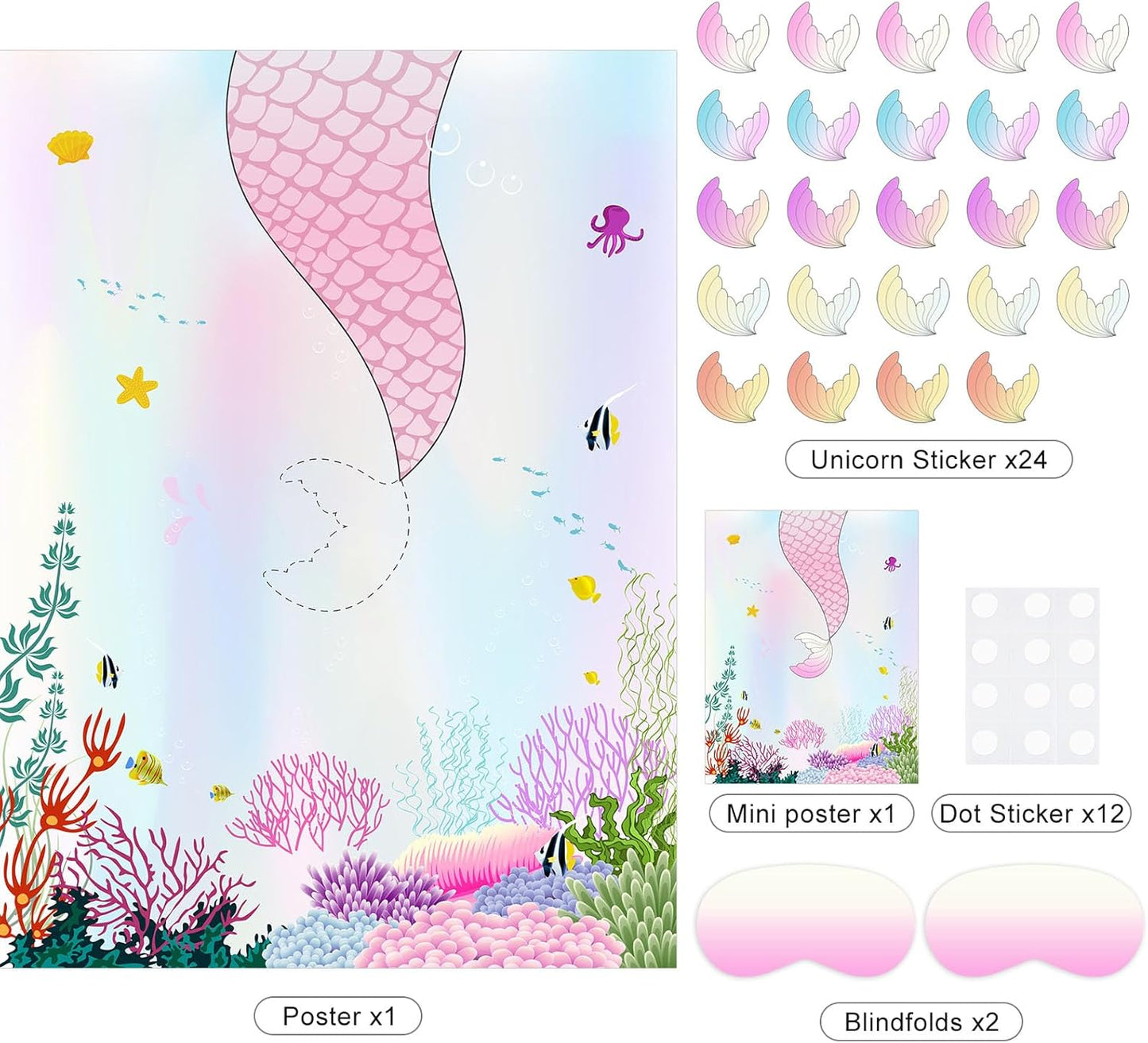 ASTARON Pin The Tail on The Mermaid Game for Birthday Party, Mermaid Party Game with 24 pcs Tail Stickers Birthday Party Supplies for Wall Home Room Decorations