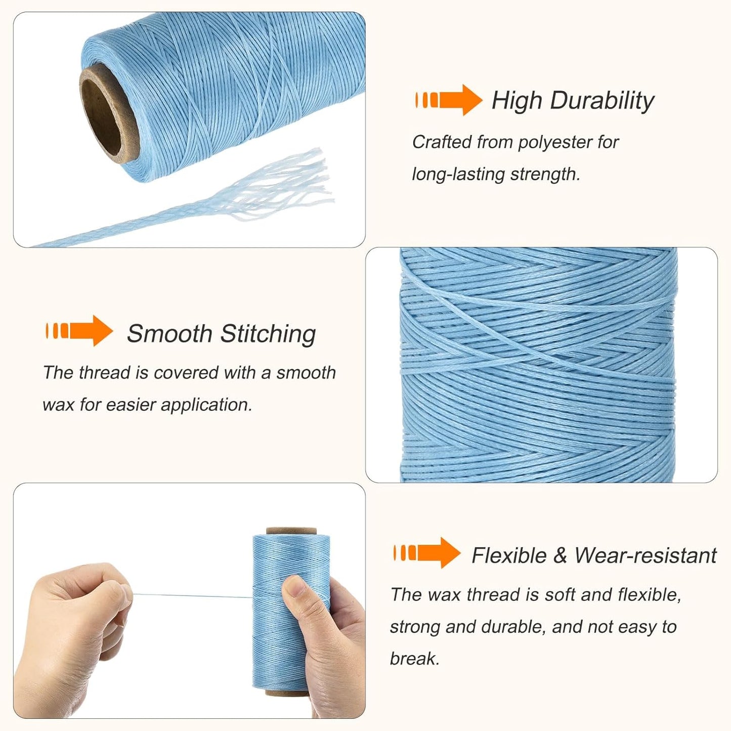 MECCANIXITY Waxed Thread,284 Yard 0.8mm 150D Flat Wax Thread Polyester Waxed String for Leather Sewing Hand Weaving Book Binding Home Decoration,Light Blue