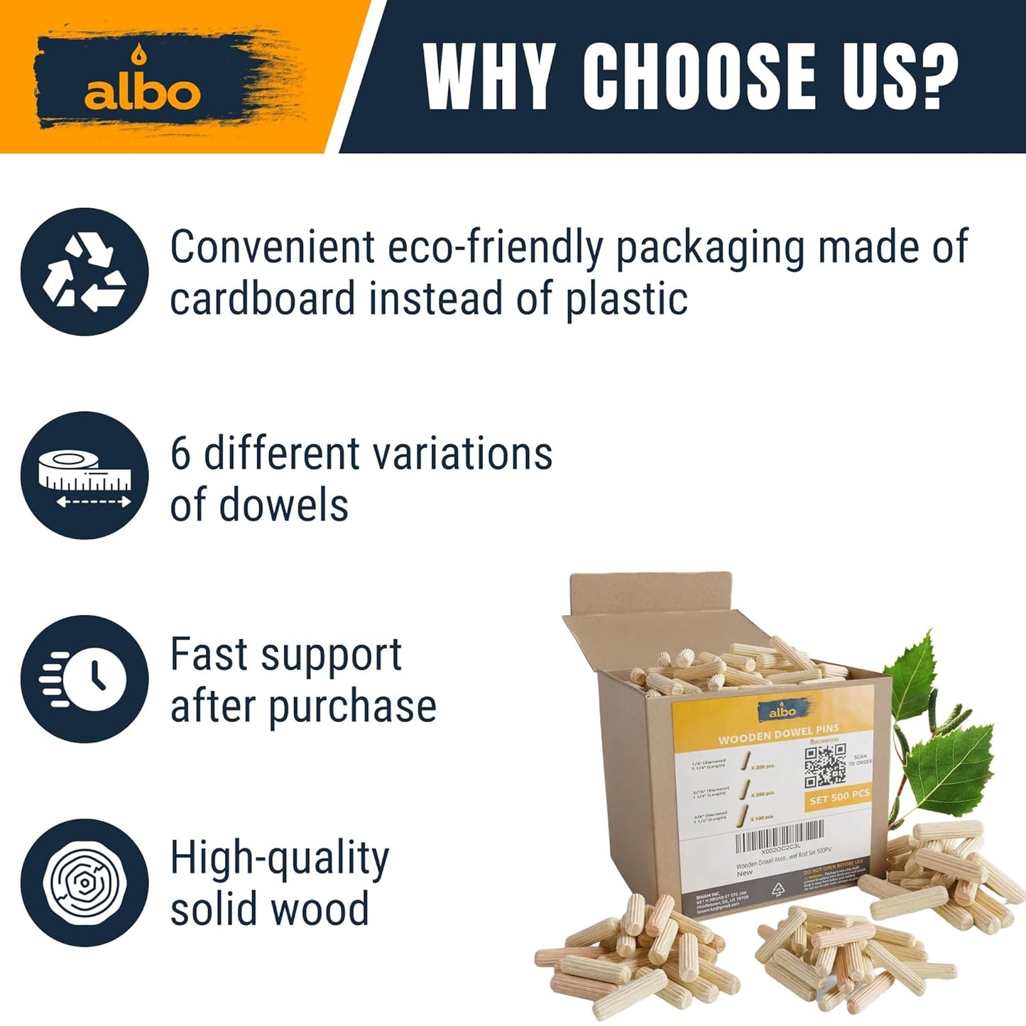 ALBO Wooden Dowel Pins 500 Pack Assorted Sizes 1/4 + 5/16 + 3/8 inch Fluted Wood Dowels Rods Hardwood Crafts Dowel Pegs