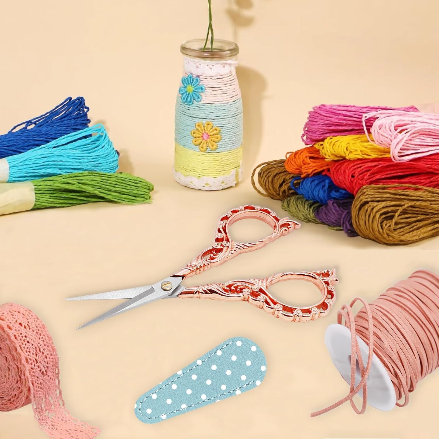 BIHRTC Little Embroidery Scissors 4.5Inch with Artificial Leather Cover Stainless Steel Sharp Straight Tip Scissors for Needlework Artwork Purpose Detail Thread Craft Household DIY Art Work