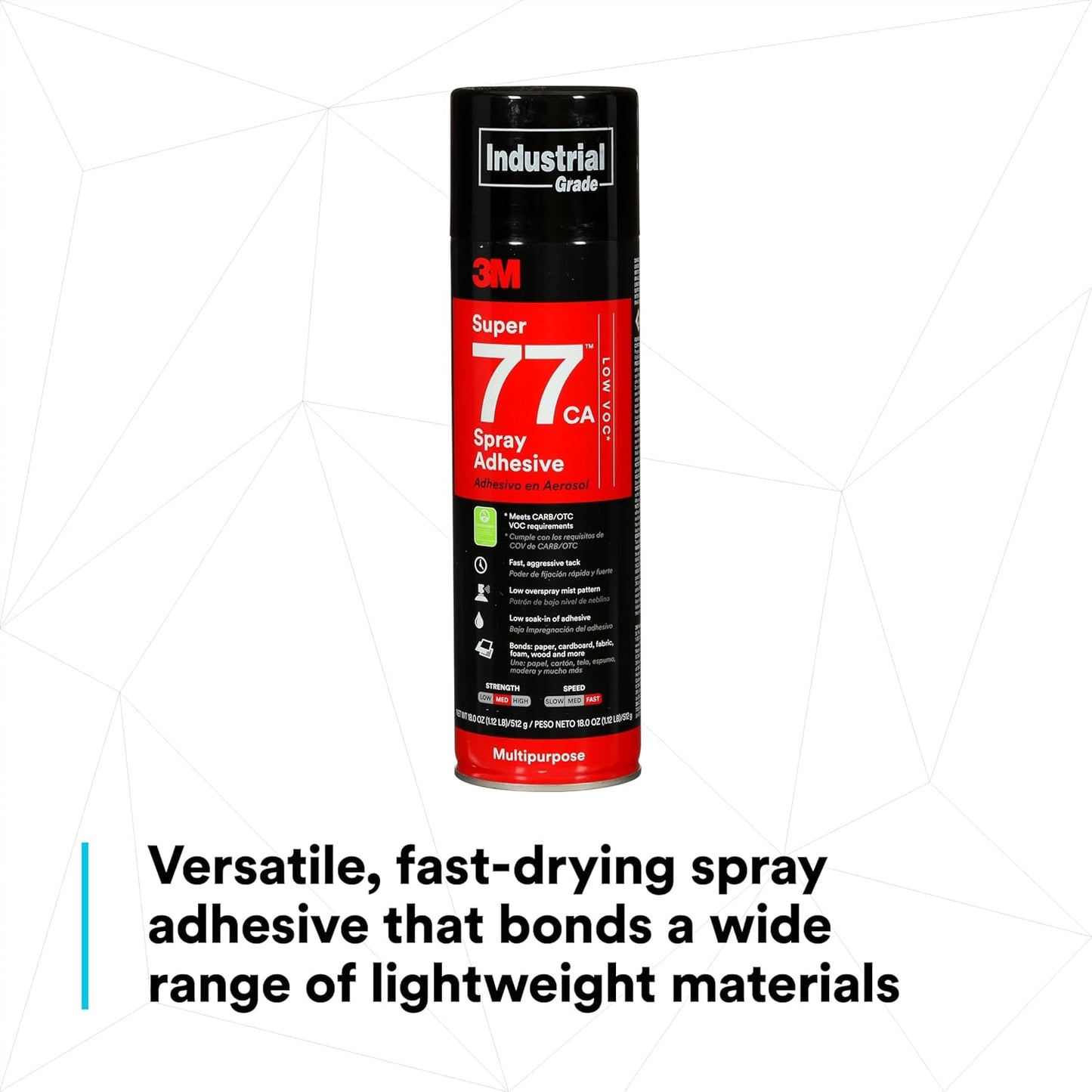3M Super 77 Multipurpose Permanent Spray Adhesive Glue, Low VOC, Paper, Cardboard, Fabric, Plastic, Metal, Wood, Net Wt 18 oz
