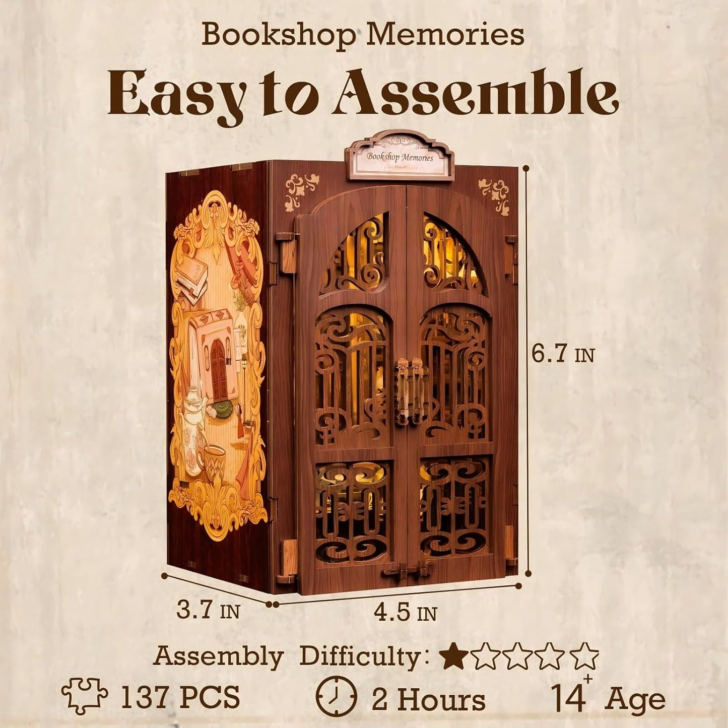 Fsolis Book Nook Kit, DIY Miniature Dollhouse Kit 3D Puzzles for Adults and Beginners, 127 Wooden Pieces, Tiny House Mini Booknook Craft Bookshelf Decor, Gifts for Women Book Lovers(Bookshop Memory)