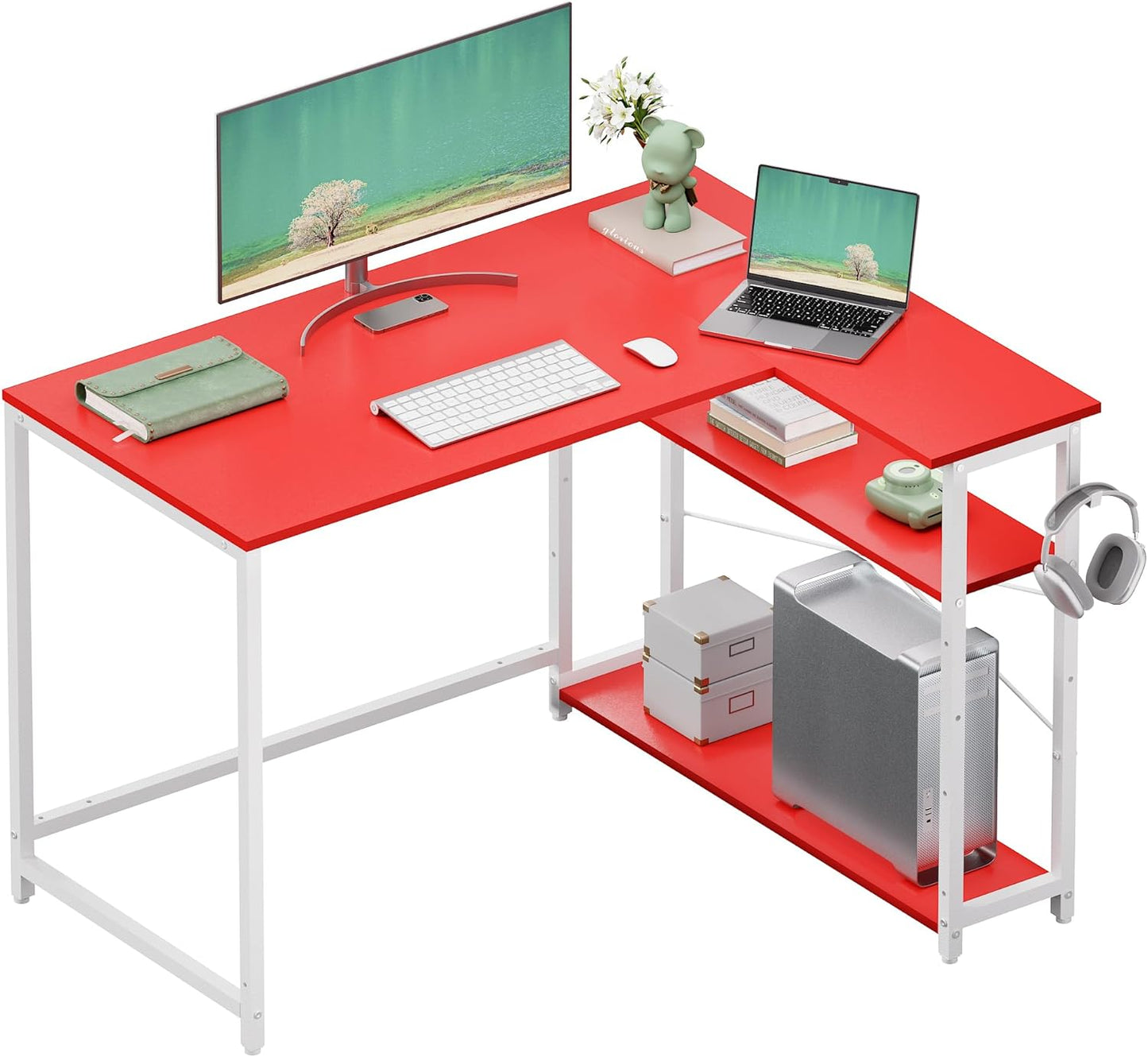 Pamray 43 Inch L Shaped Computer Desk with Reversible Side Storage Shelves, Small Corner Desk for Small Space Home Office,Writing Study Table PC Desk for Bedroom,Red