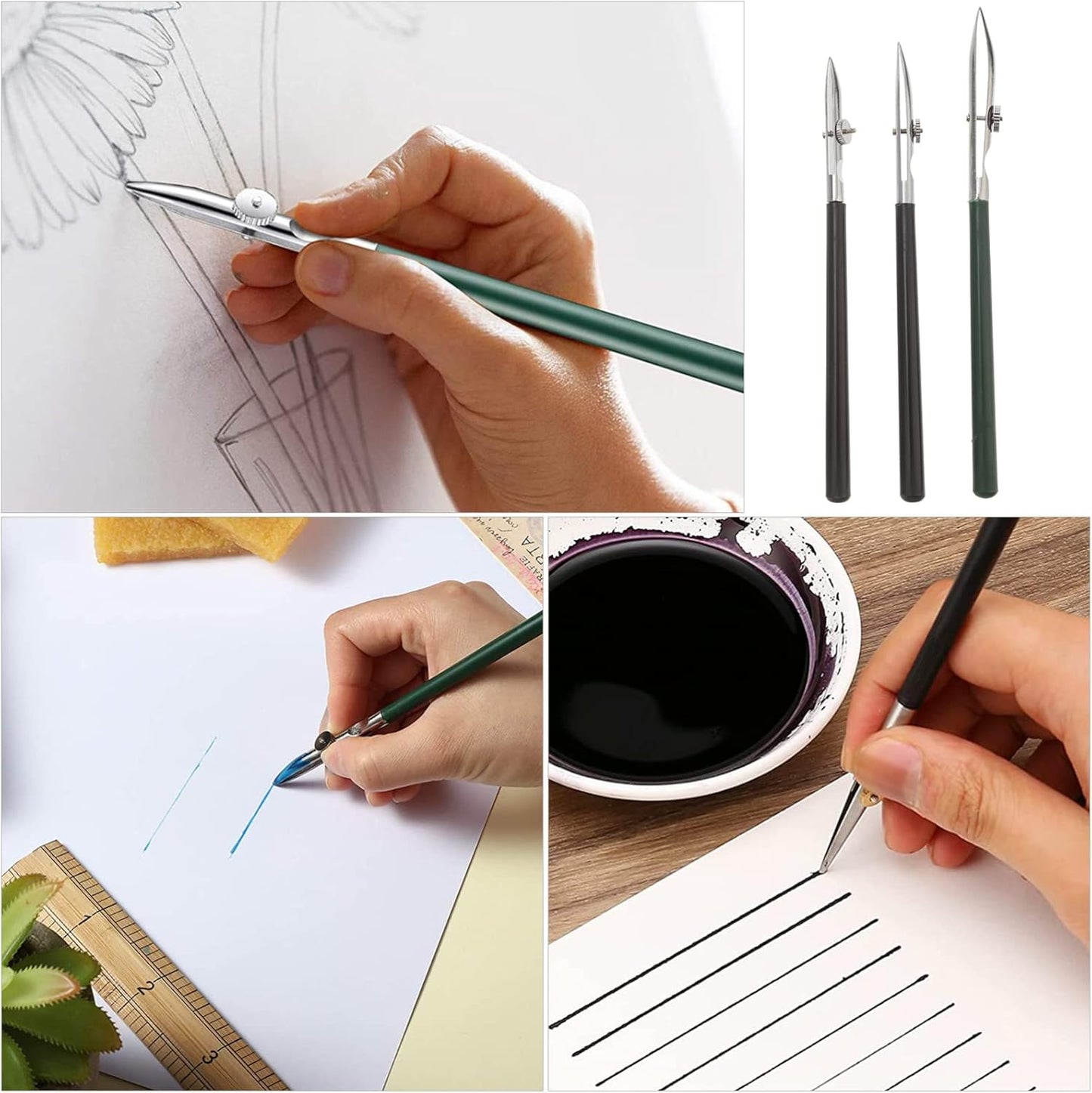 Gatuida 3pcs Adjustable Straight Line Pen, Art Ruling Pen for Masking Fluid, Fine Lines Drawing Tool, Black (Size L, M, S, 1pc Each)