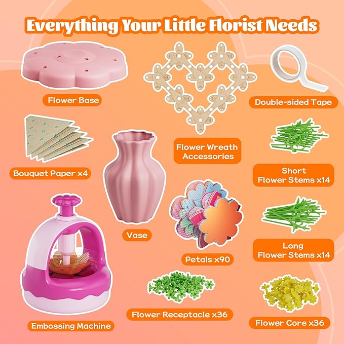 Fabric Flower Bouquet Craft Kit, DIY Arts & Crafts Toy for Kids, Creative Flower-Making Activity Set, Educational Preschool Toy, Perfect Birthday & Christmas Gift for Girls Ages 4 5 6 7 8+ (red)