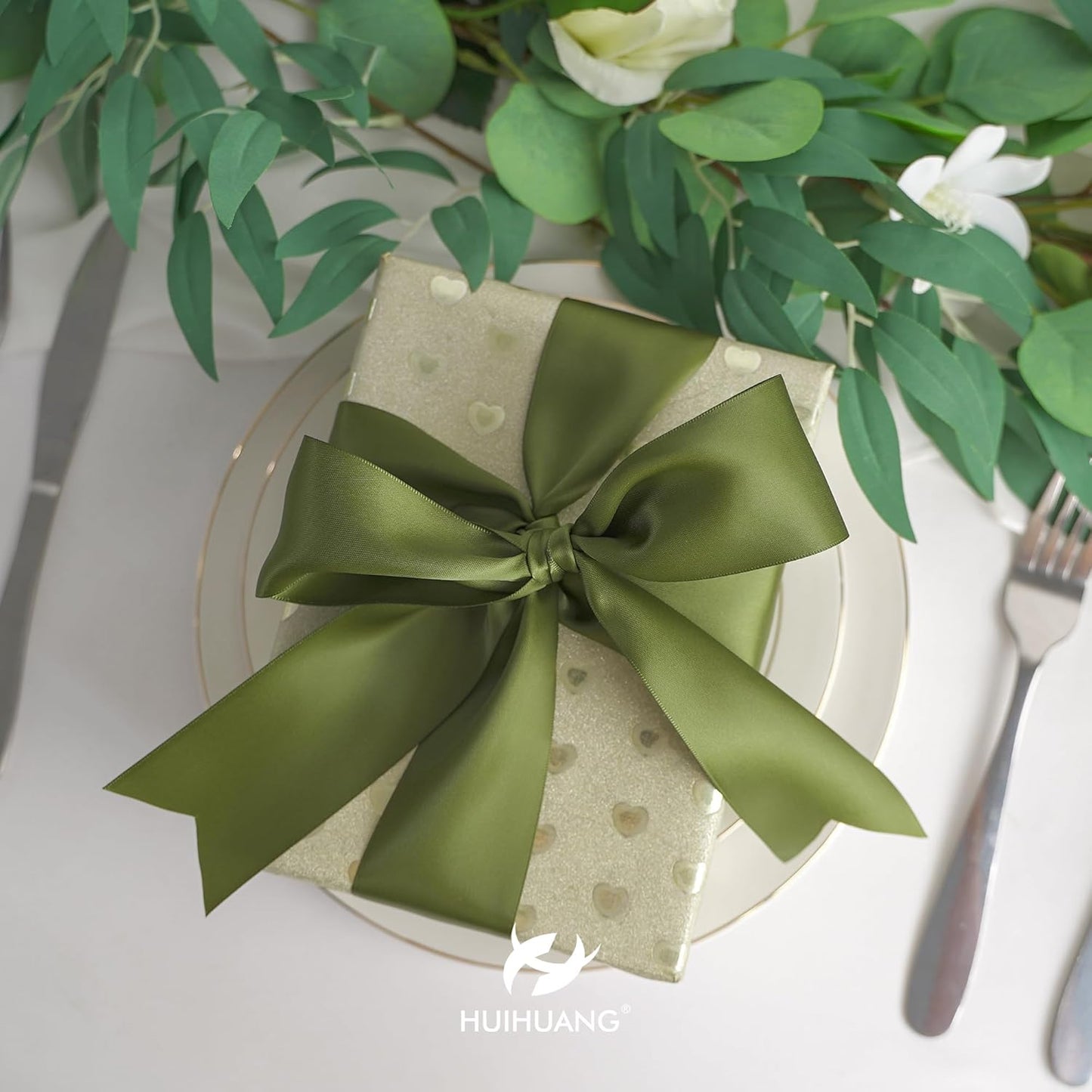 HUIHUANG Moss Green Ribbon 2 inch Double Face Green Satin Ribbon Olive Green Ribbon for for Flower Bouquet Wrap, Wedding Invitations Card, Gift Wrapping, Holiday Decor, Bows Crafts -25 Yards/Roll