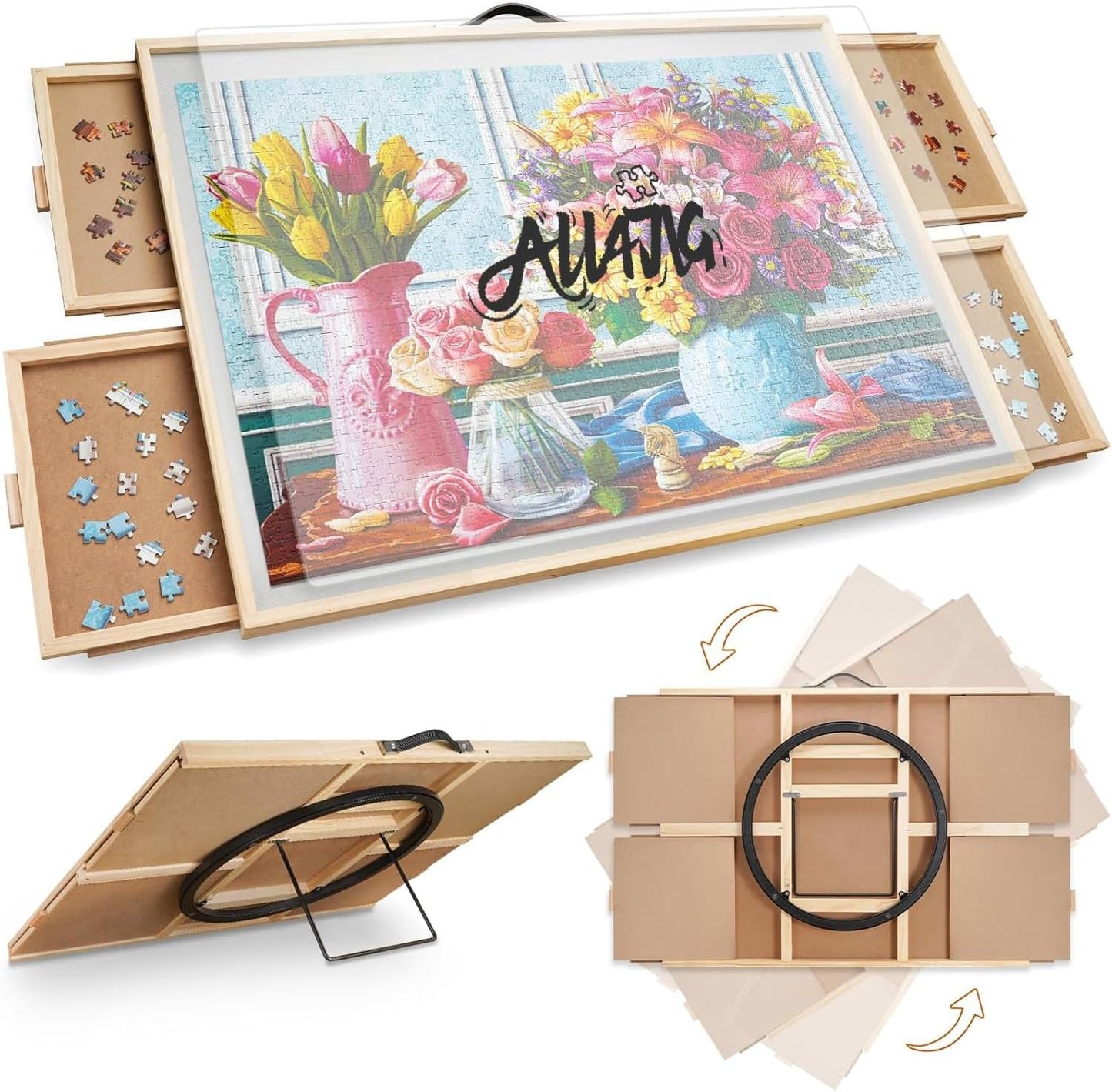 ALL4JIG 1500 Pieces 2-in-1 Tilting & Rotating Puzzle Board, 34.2" x 25.2"Adjustable Angle Puzzle Board with 4 Drawers & Clear Protective Cover, Birthday Gift for mom