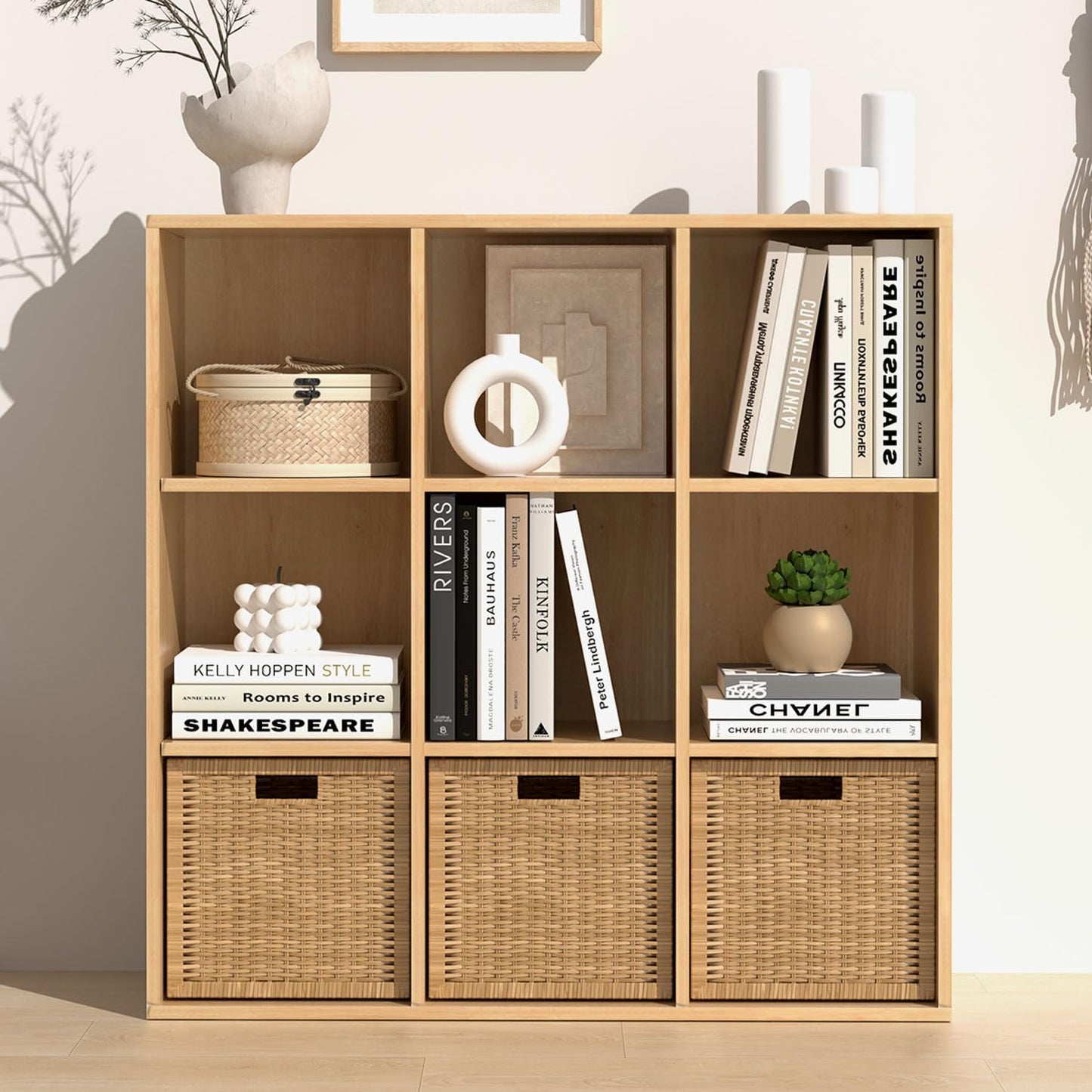 Wooden 9 Cube Storage Organizer with Closed Back Panel, Cube Shelf Heavy Duty Cubby Storage Organizer with Compartments for Living,Display Shelf,Bookshelf,Storage Furniture (Oak, 9-Cube)