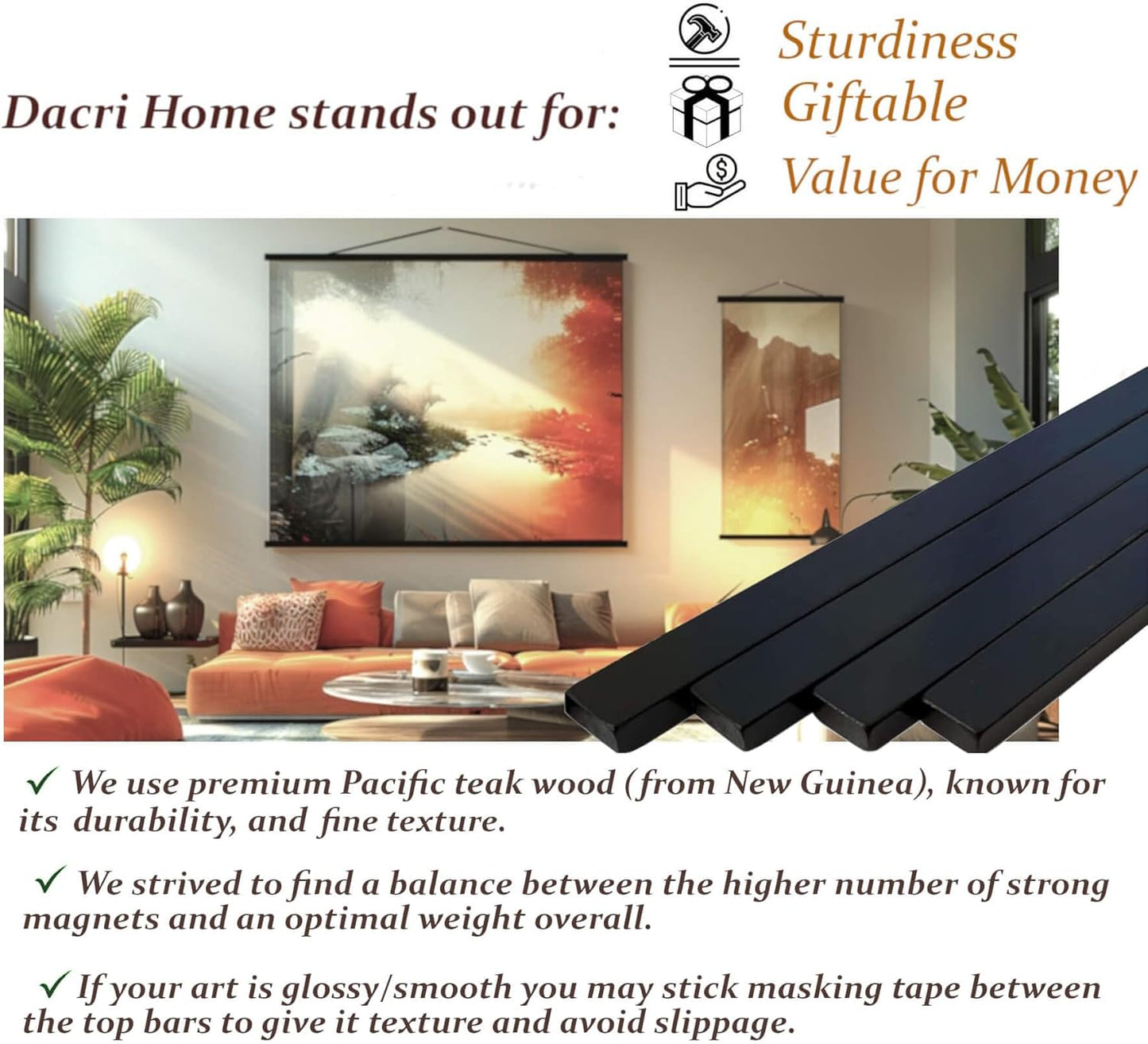 DACRI HOME 52" Magnetic Poster Hanger Frame - Sturdy Teak Wood Poster Frame 52x20 52x32 52x36, Strong Magnets for Easy Hanging Map Picture Canvas Print Scroll Wall Art (52 Inch, Black)