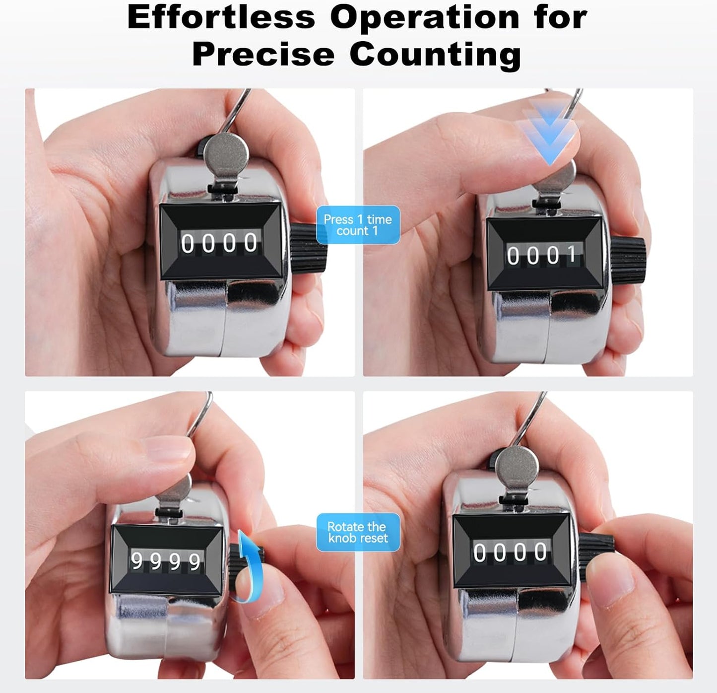 Clicker Counter, Metal Hand Tally Counter Clicker with 4 Digit Display, Pitch Counter for Golf Stroke, Baseball, Coaching, Knitting, Lap, Row Sport, Silver