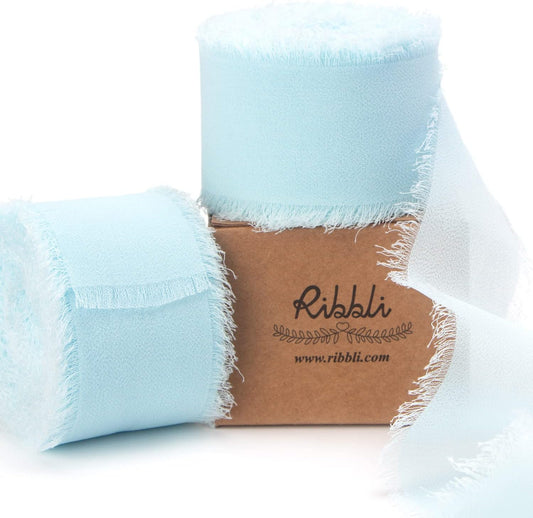 Ribbli Ice Blue Chiffon Silk Ribbon, 1-1/2 inch x 20 Yard, Handmade Fringe, Wedding Invitations, Bridal Bouquets, Home Decor