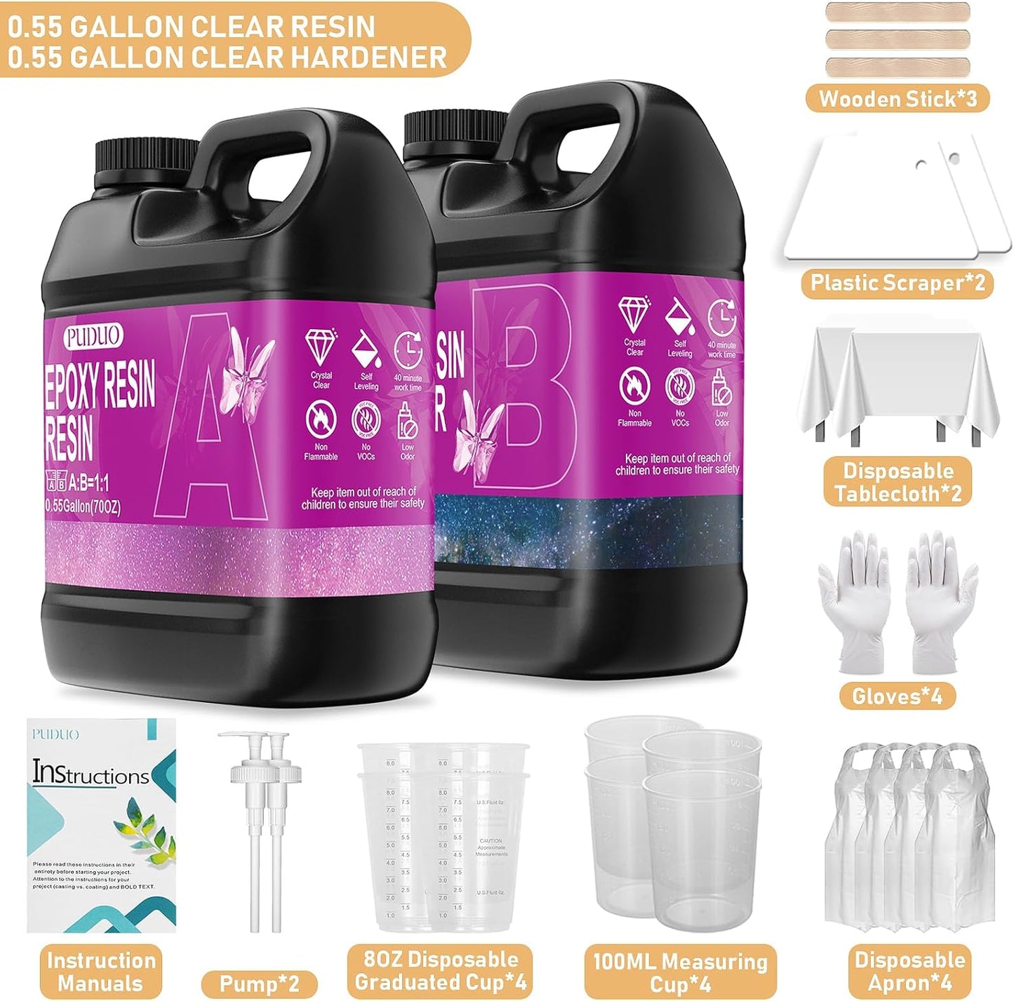 Puduo Epoxy Resin Kit 1.1Gallon，Newly Formulated Crystal Clear Epoxy Resin，Strong, Bubble-Free, Anti-Yellowing Art Resin That，Suitable for Casting, DIY, Resin Art, Molds, Easy to Mix 1:1 Ratio
